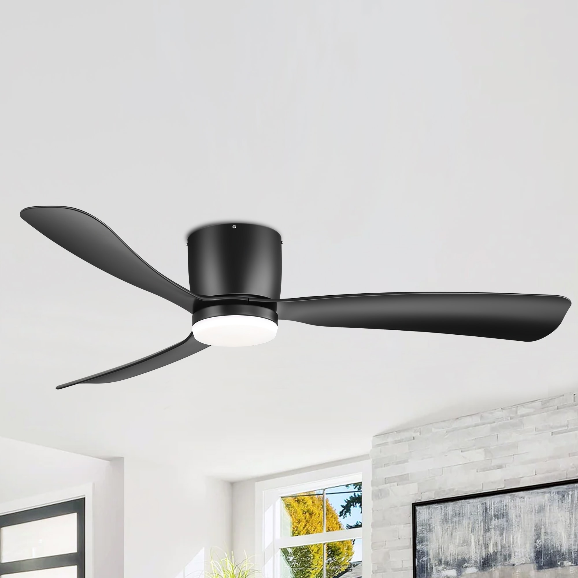 Breezary 24030-AB 52-in Color-Changing Integrated LED Flush Mount Matte Black with Black Blades Ceiling Fan With Light - Remote Included ( 3 -Blade )