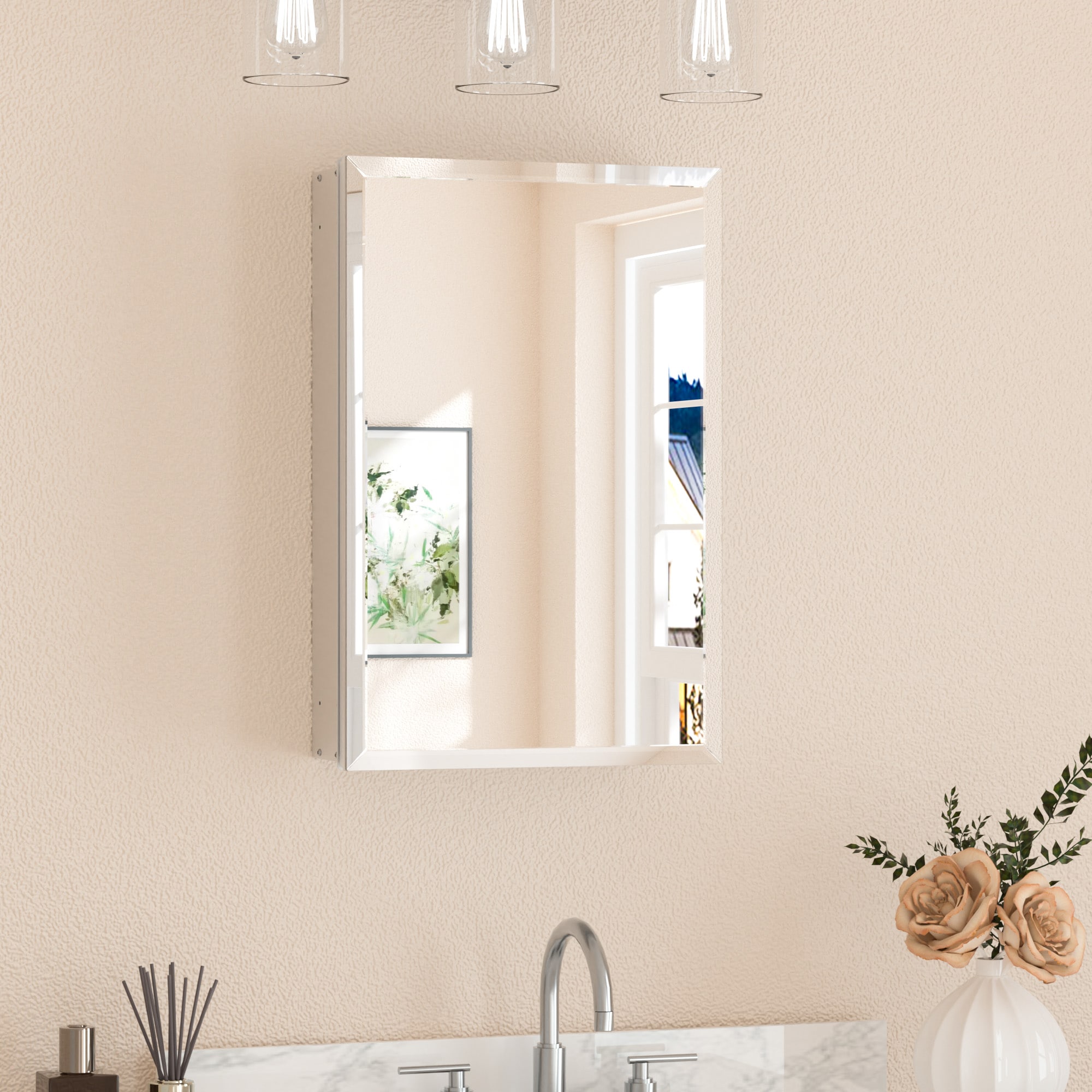 Keonjinn LW-JG-FJXP-4161-SI 16-in x 24-in Surface/Recessed Mount Sliver Mirrored Rectangle Soft Close Medicine Cabinet