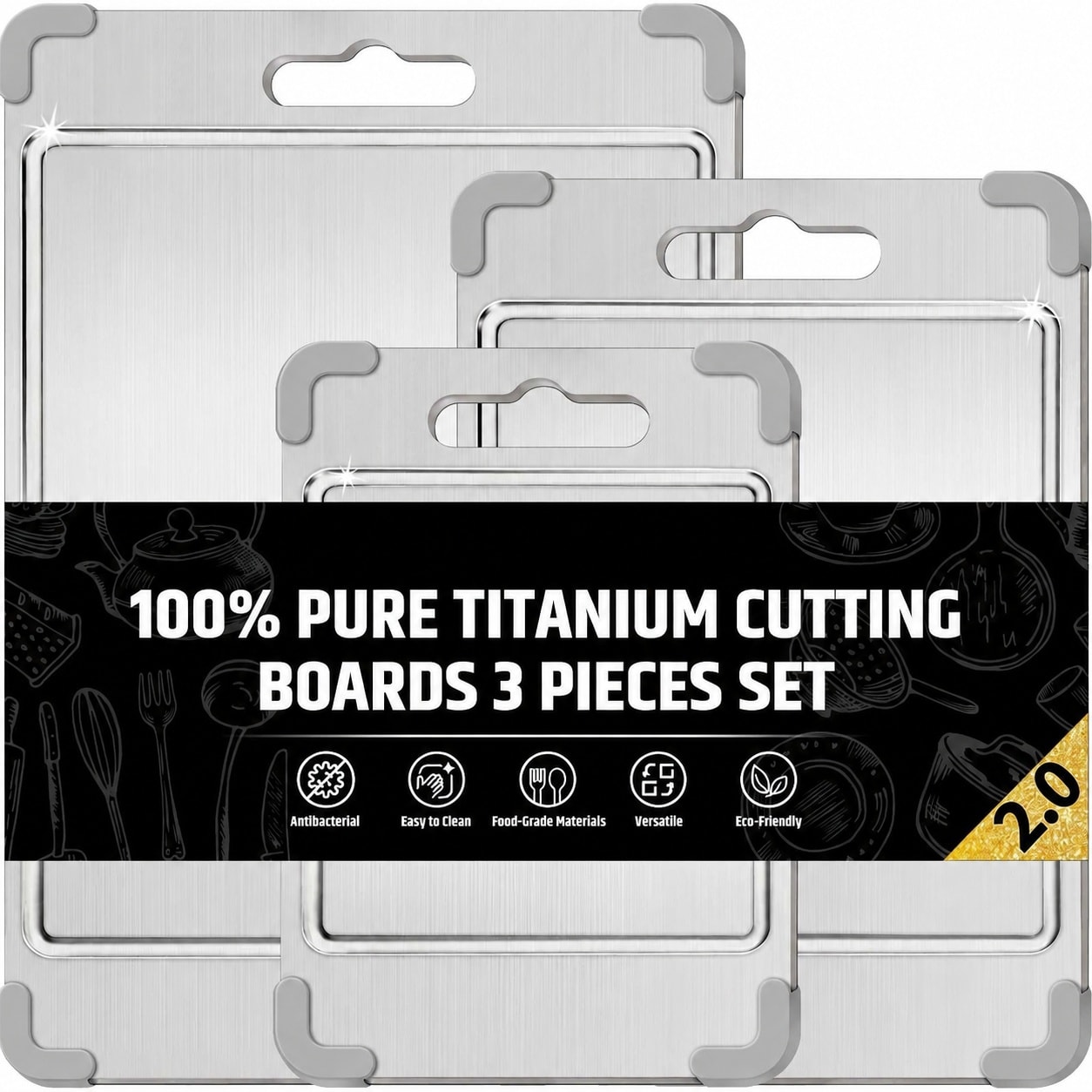 Etokfoks 3pcs Silver Titanium Cutting Board Set Kitchen Double Sided with Grooves Silicone Anti Slip Easy Clean #LETBIIW9K
