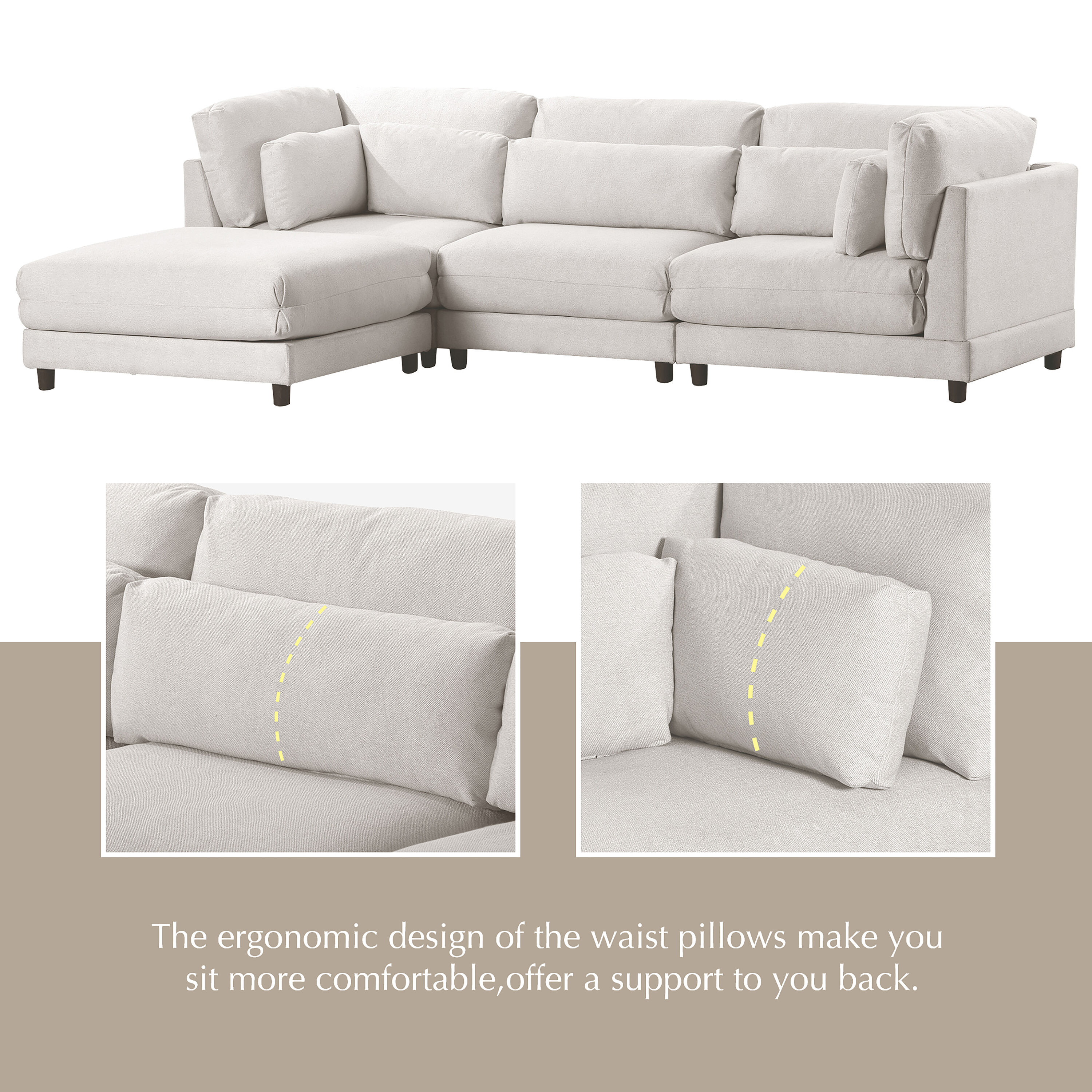 110.6 L-Shaped Sofa with Removable Ottomans and Comfort Lumbar Pillow,  Beige - ModernLuxe