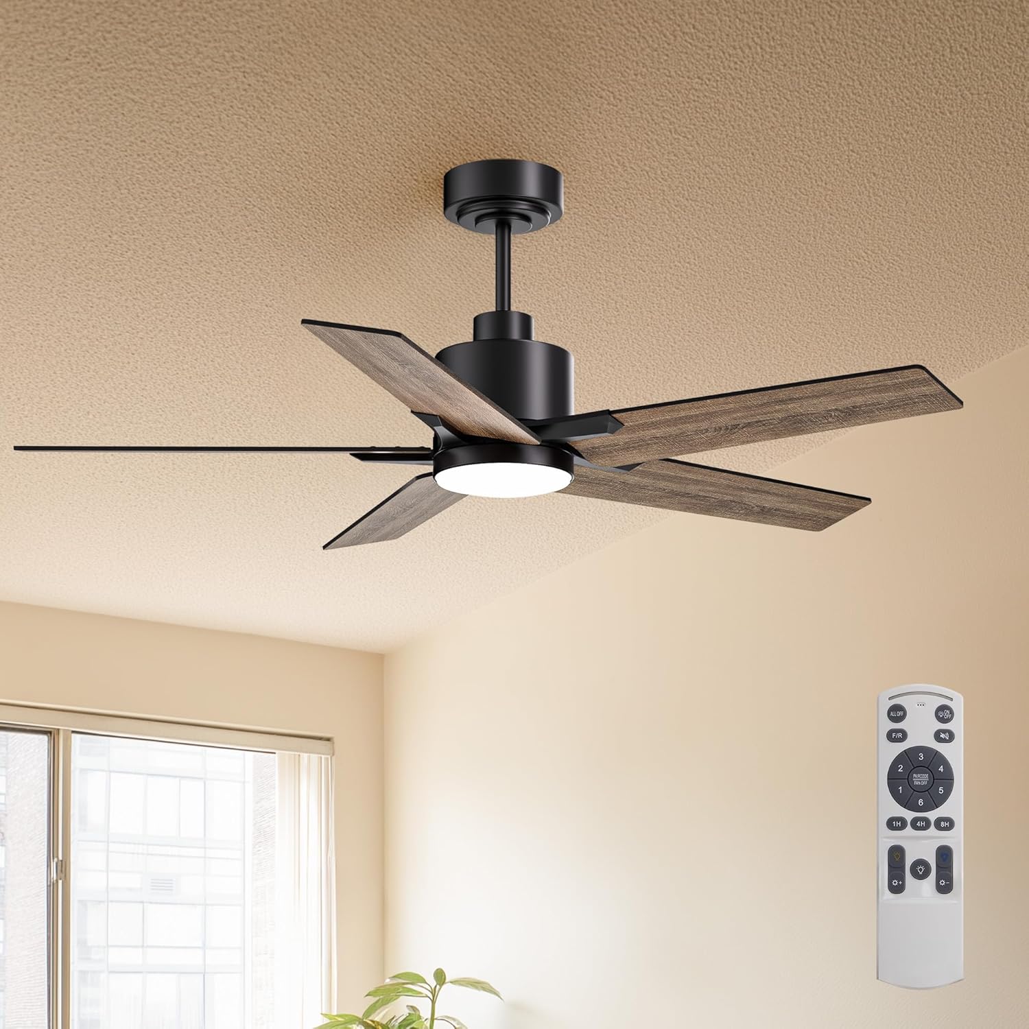 FANNEHONNE 46 Inch Matte Black Modern Ceiling Fan with LED Light(5 Blades Remote Included)