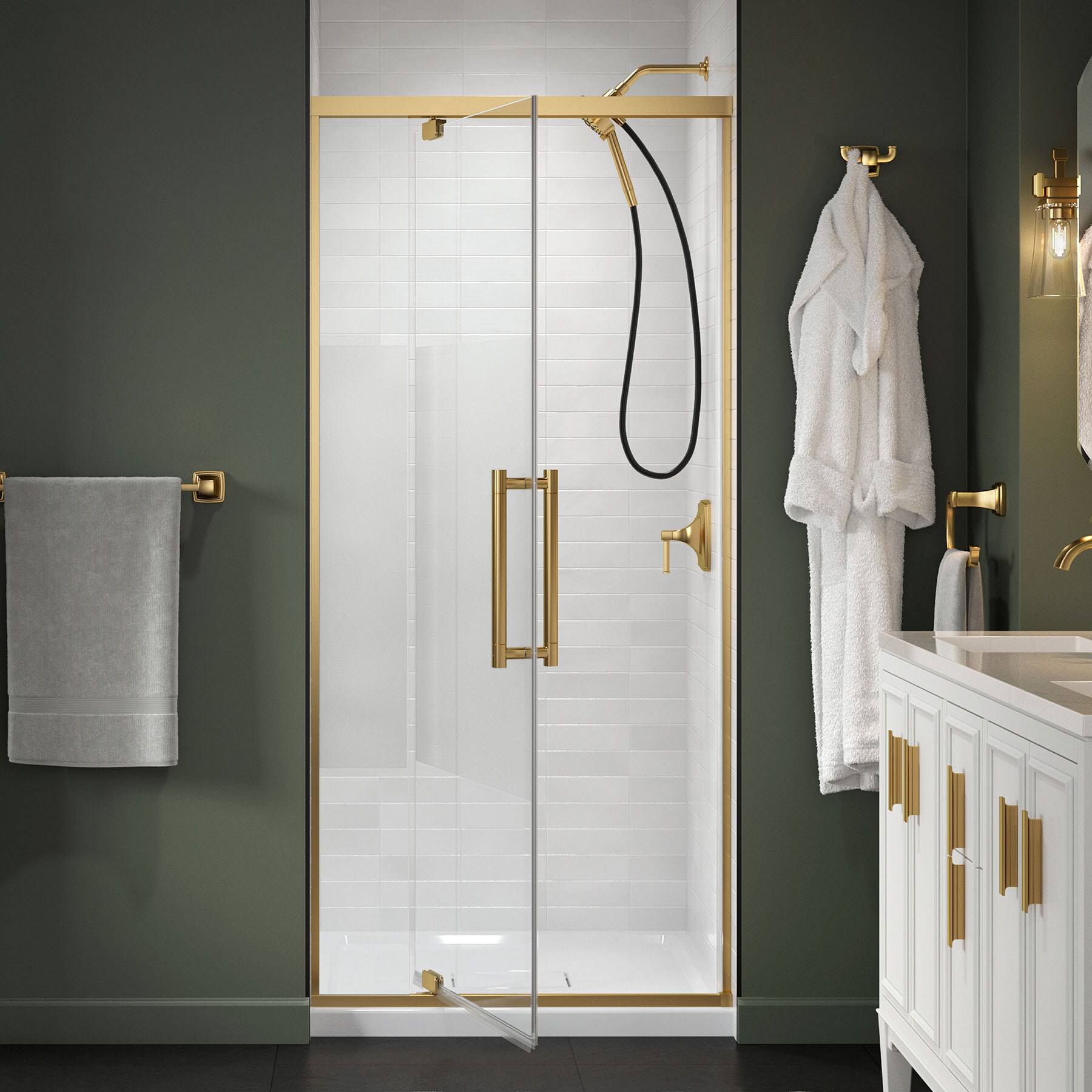 KOHLER 702481-8G81-2MB Premise Vibrant Brushed Moderne Brass 31-5/8-in to 35-5/8-in W x 76.06-in H Frameless Pivot Soft Close Shower Door 5/16-in Thick Clear Glass