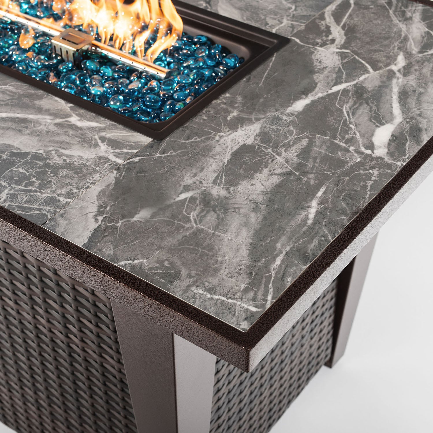 42-Inch Brown Wicker and Marble Gas Fire Pit Table