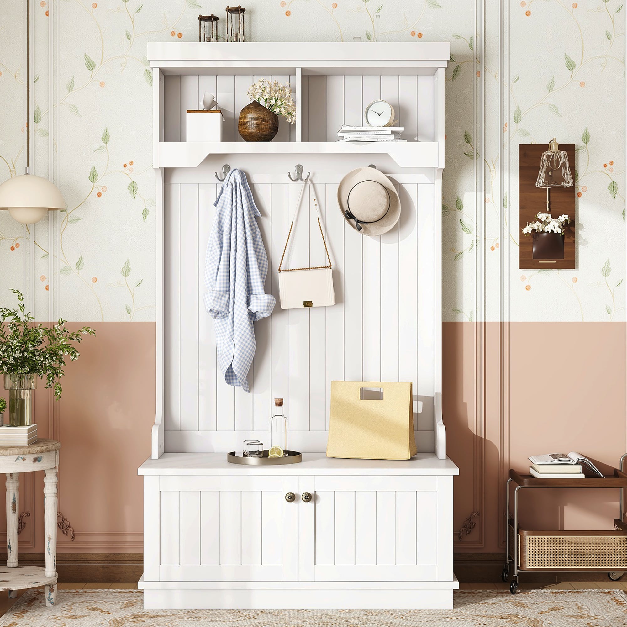 LOVMOR -  White 64.4in H x 35.4in W x 17in D Country Style Hall Tree with Bench and Shoe Storage ...
