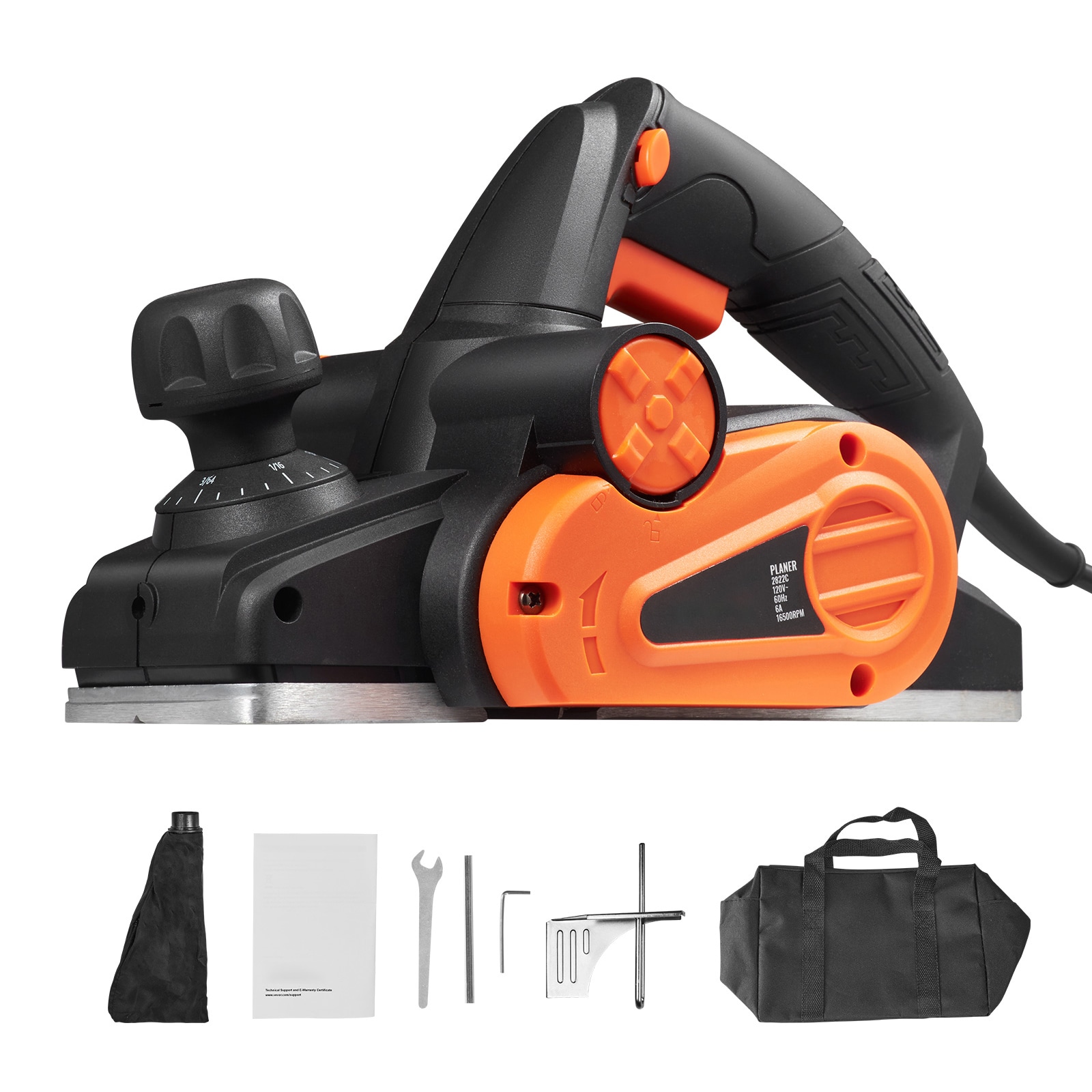 Mecale 3-1/4 in 6-Amp Corded Electric Hand Planer 16500 RPM for Wood Chamfer and Smooth Finish Orange