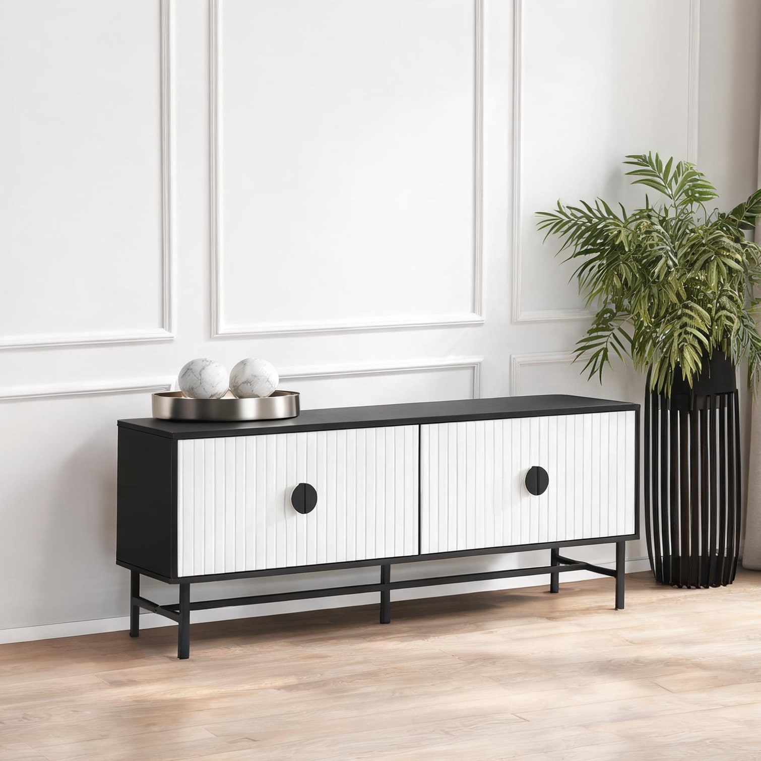 SUNCREAT 60-Inch Media Console with White Laminate Doors and Deep Black ...
