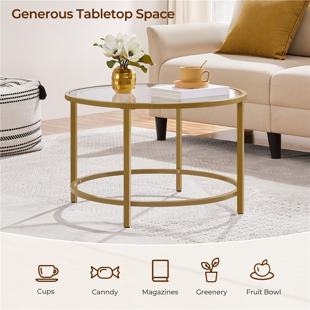 Yaheetech 27.6in Gold Modern Tempered-Glass Round Coffee Table in the ...