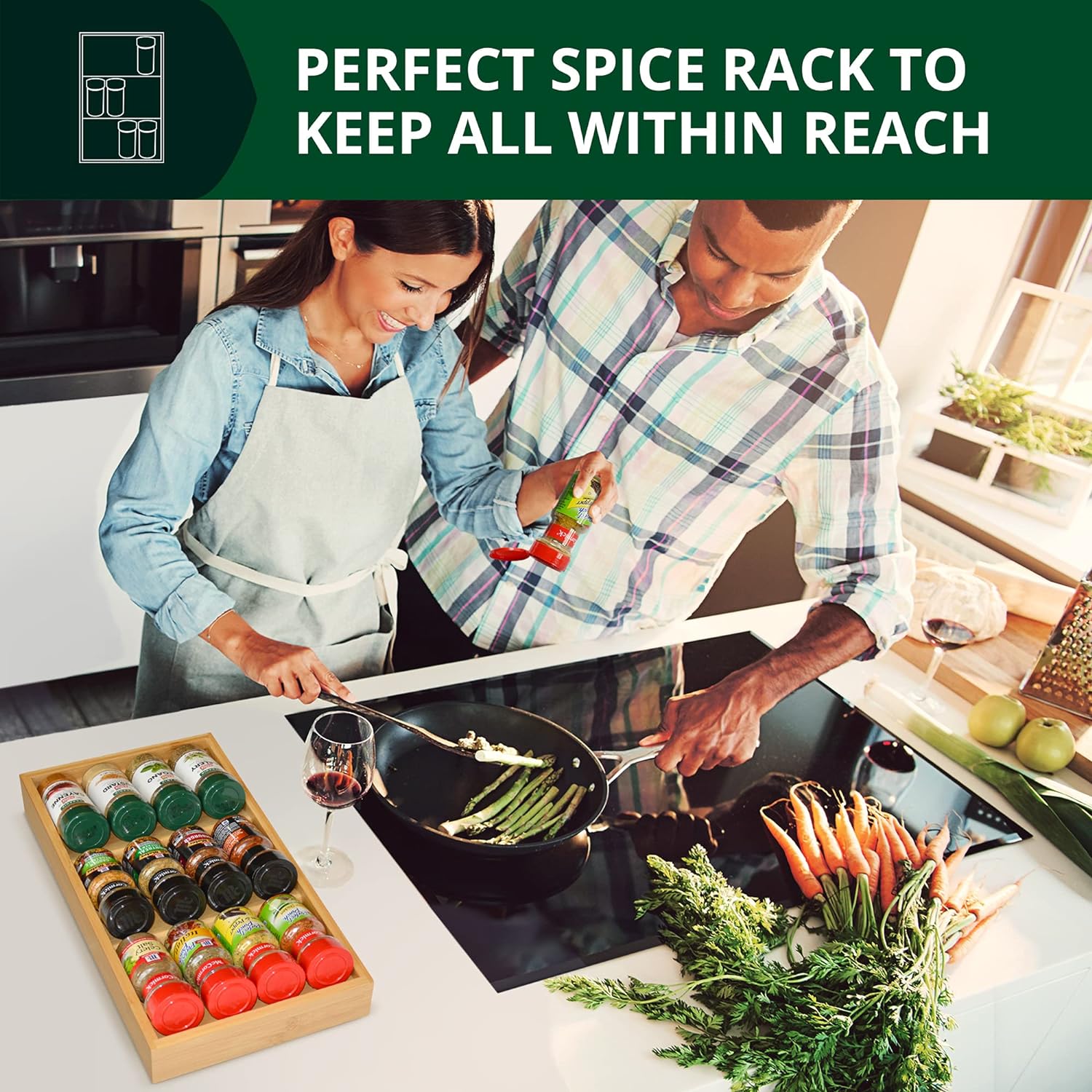 Natural Bamboo 3-Tier Spice Rack Drawer Organizer