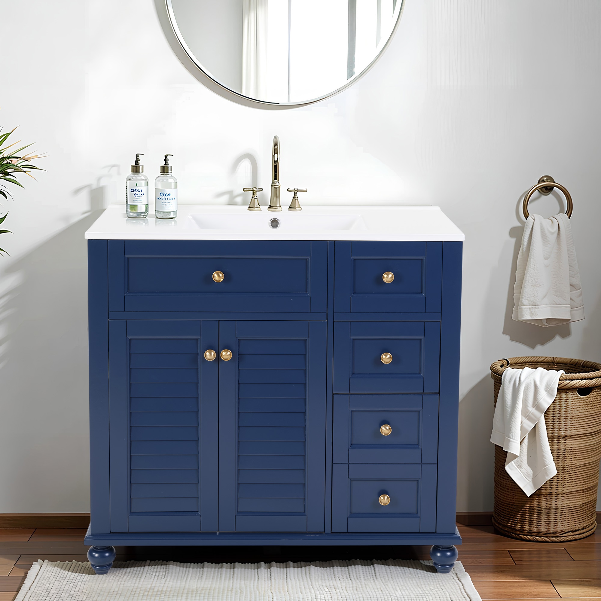 Hrinhom Unassembled 36.1-in Blue Undermount Single Sink Bathroom Vanity with White Ceramic Top