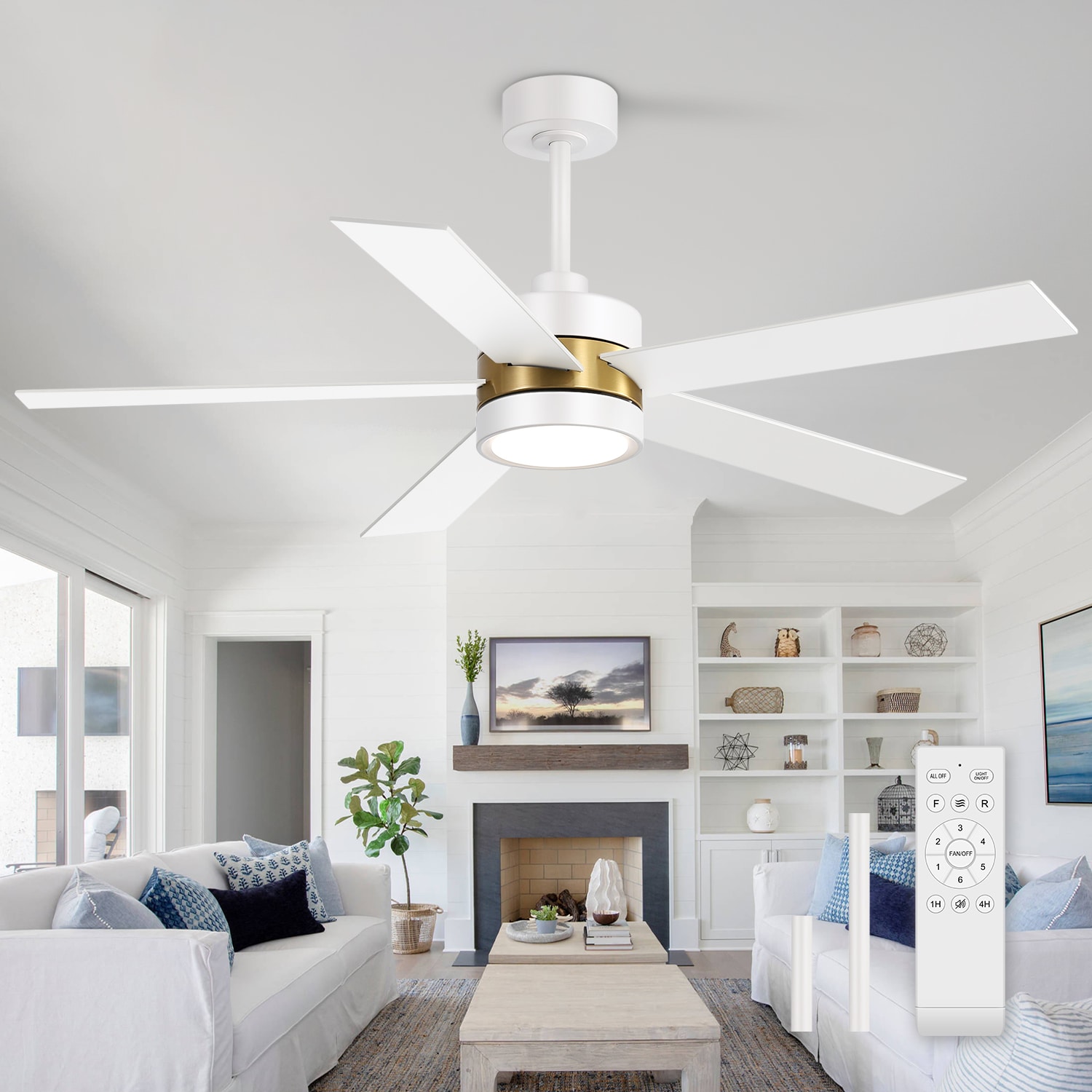 Breezary 32006-GW 52-in Color-Changing Integrated LED Matte White and Gold with White Blades Ceiling Fan With Light 5 -Blade )