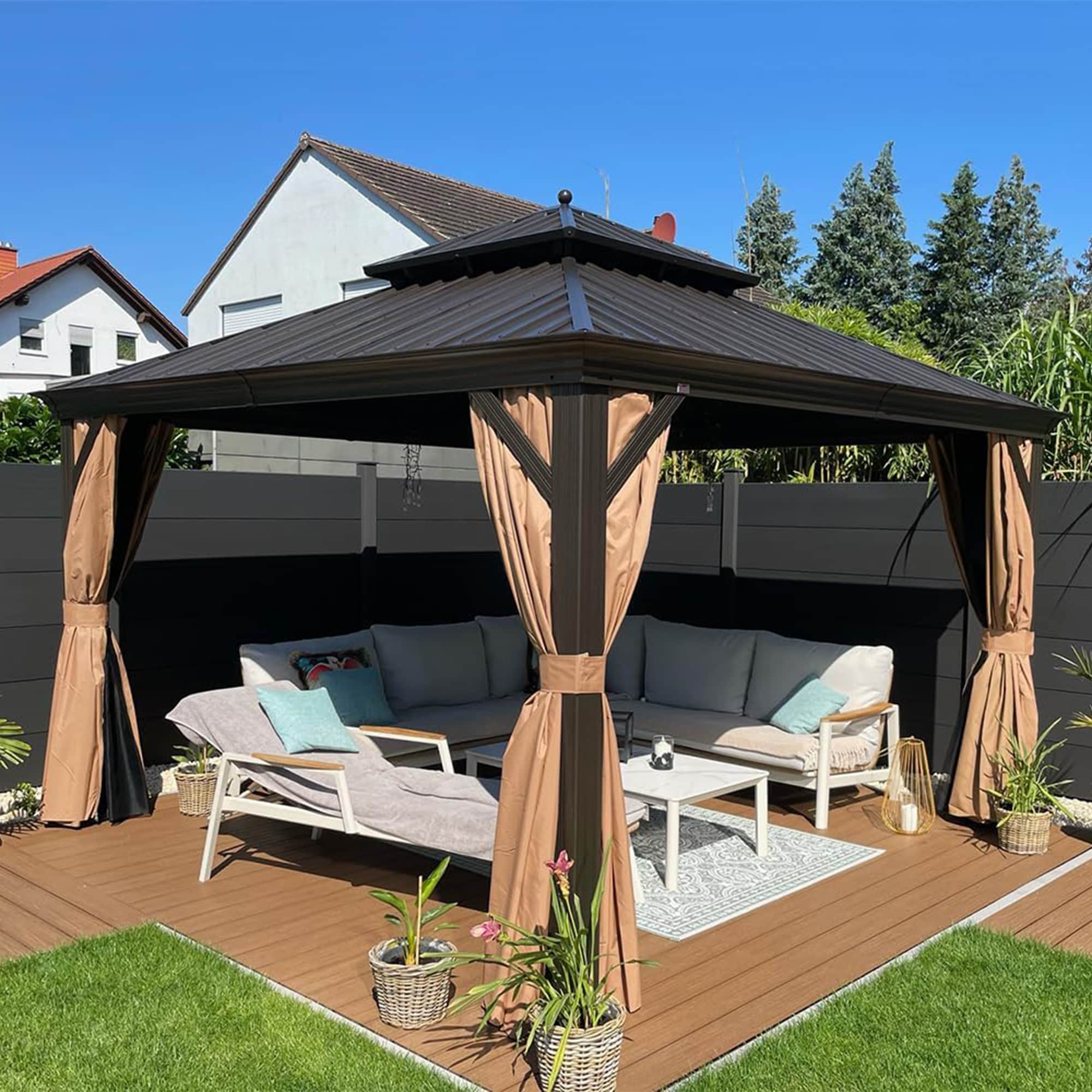 12-ft x 12-ft Brown Aluminum Hardtop Gazebo with Steel Roof and Curtains
