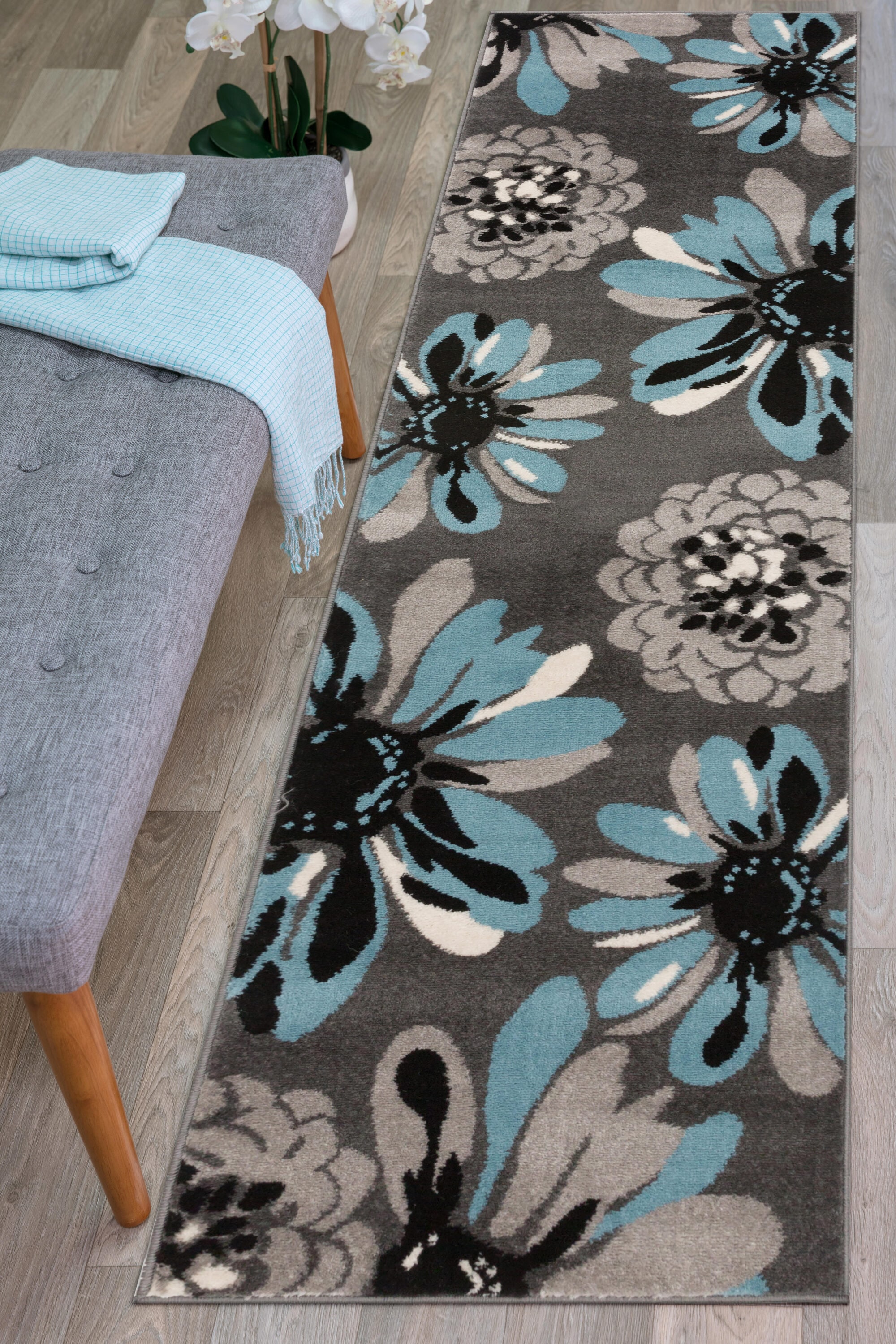 Blue and Gray Floral Synthetic Runner Rug 2' x 10'