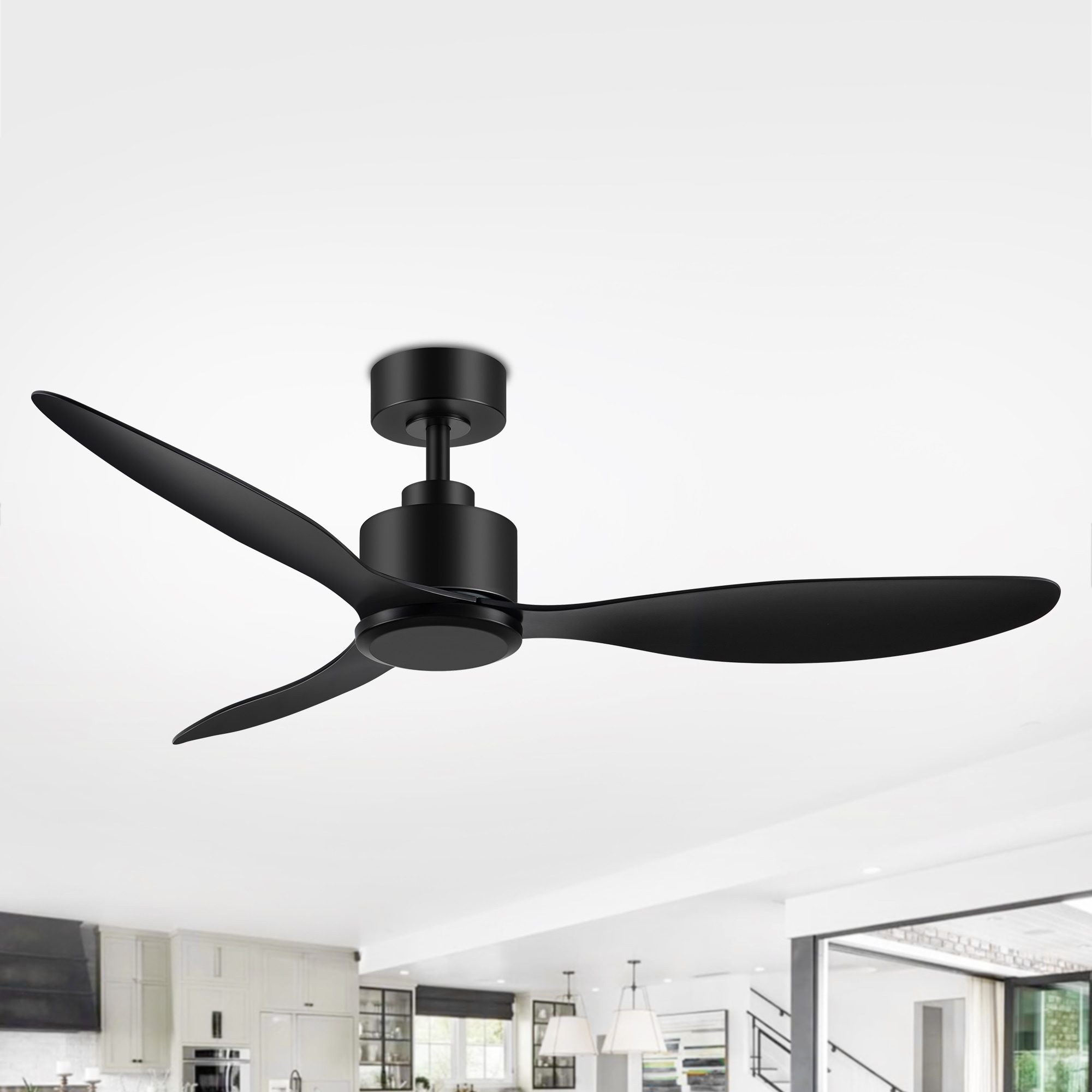 Breezary 30007-BK-NL 52-in Matte Black with Flat Black Blades Propeller Ceiling Fan Without Light - Remote Included ( 3 -Blade )