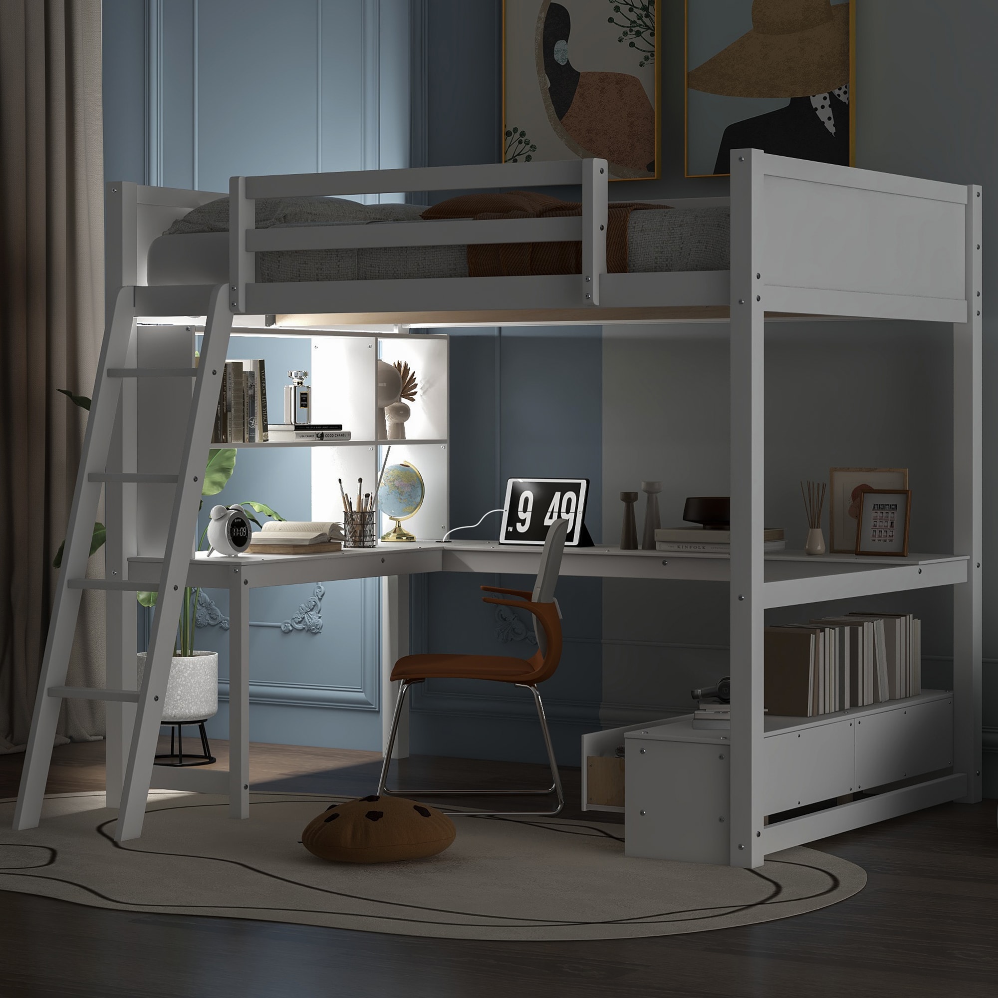 ModernLuxe GX002222AAK Full Size Loft Bed with Lshaped Multistorage Desk LED light and USB Charging Station Storage Bench with 2 Drawers White