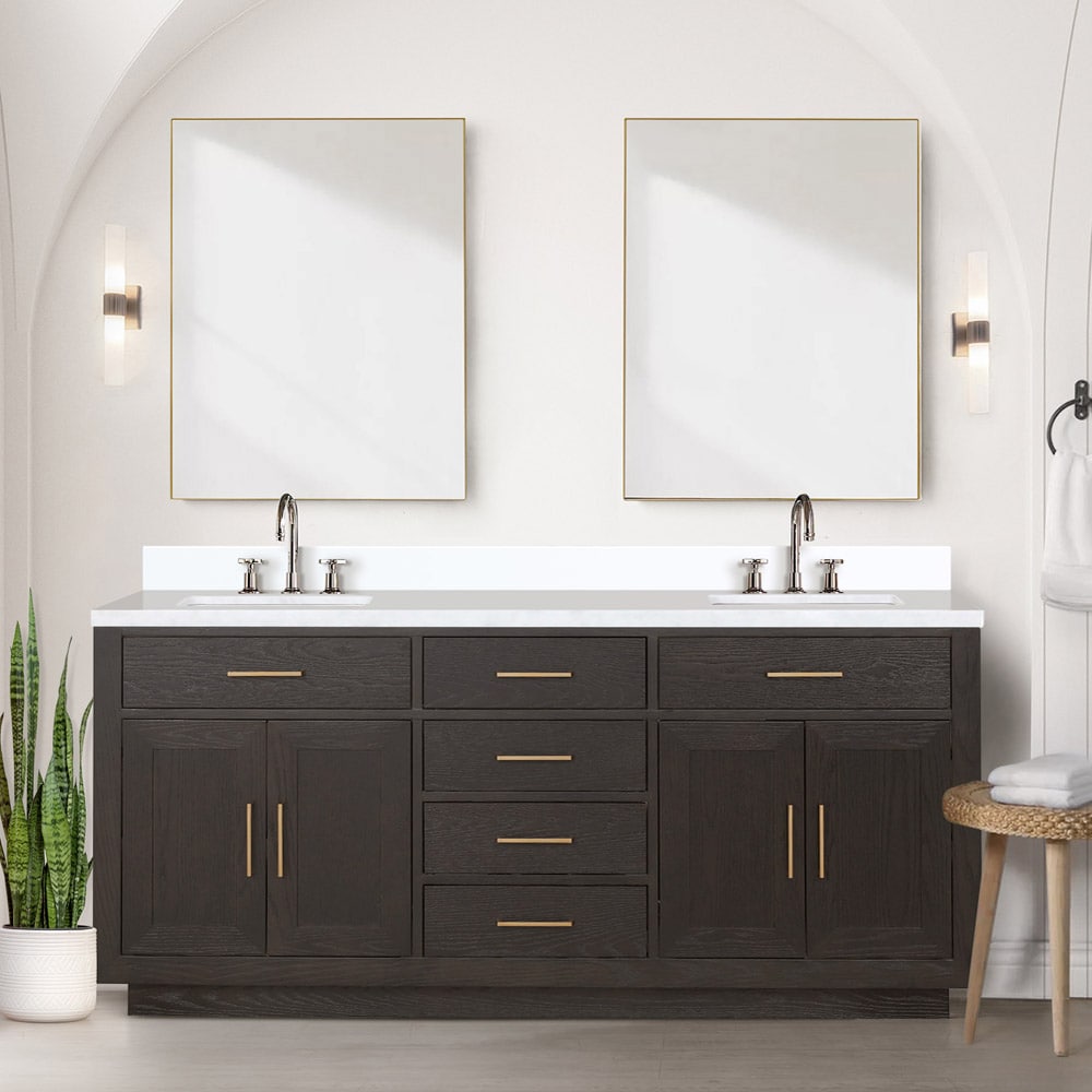 Lexora LVGI72DK201 Gilroy 72-in Brown Oak Undermount Double Sink Bathroom Vanity with White Quartz Top (Faucet Included)