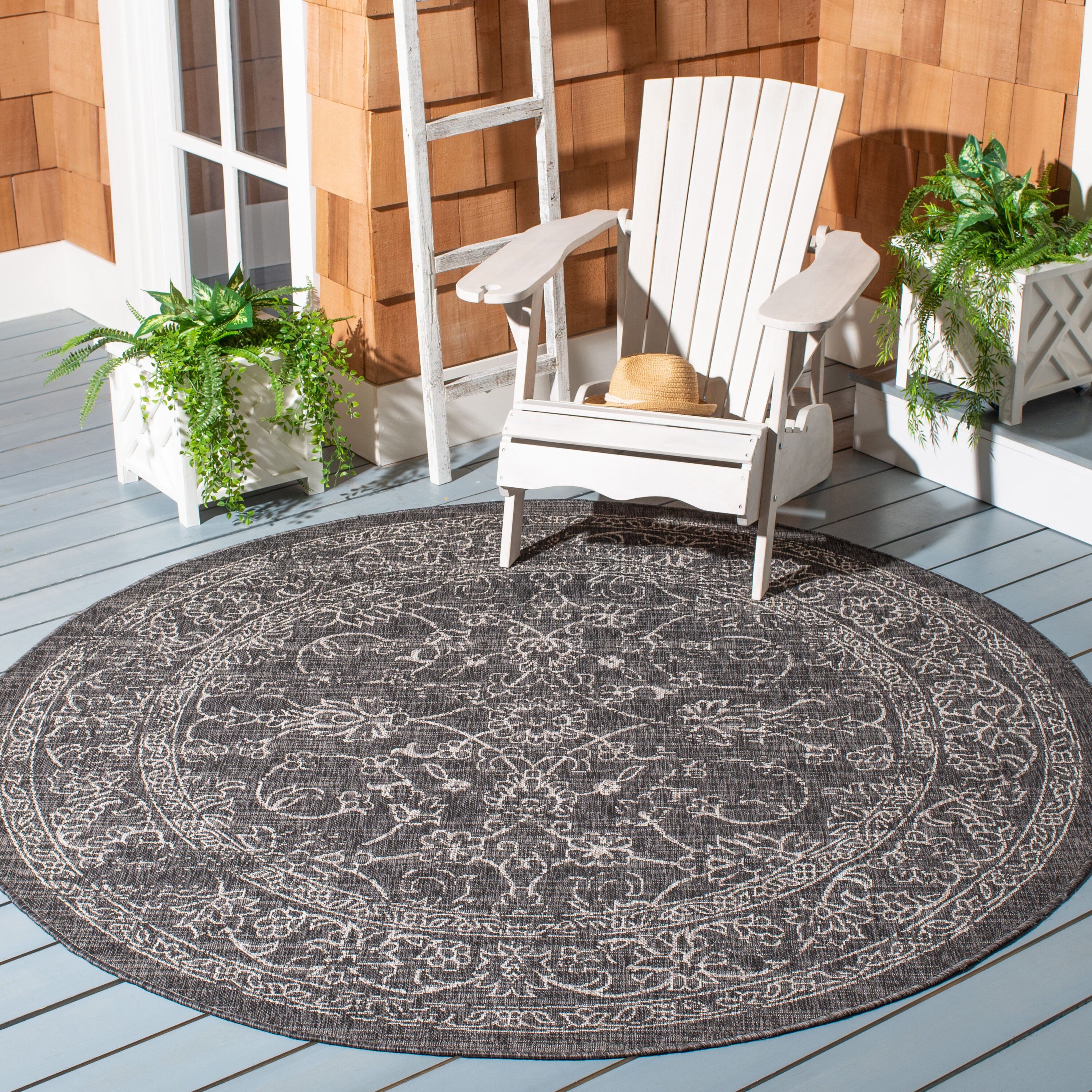 Safavieh CY8680-36621-8R Courtyard 8 x 8 (ft) Loomed Synthetic Black/Ivory Round Indoor/Outdoor Floral Tropical Area rug