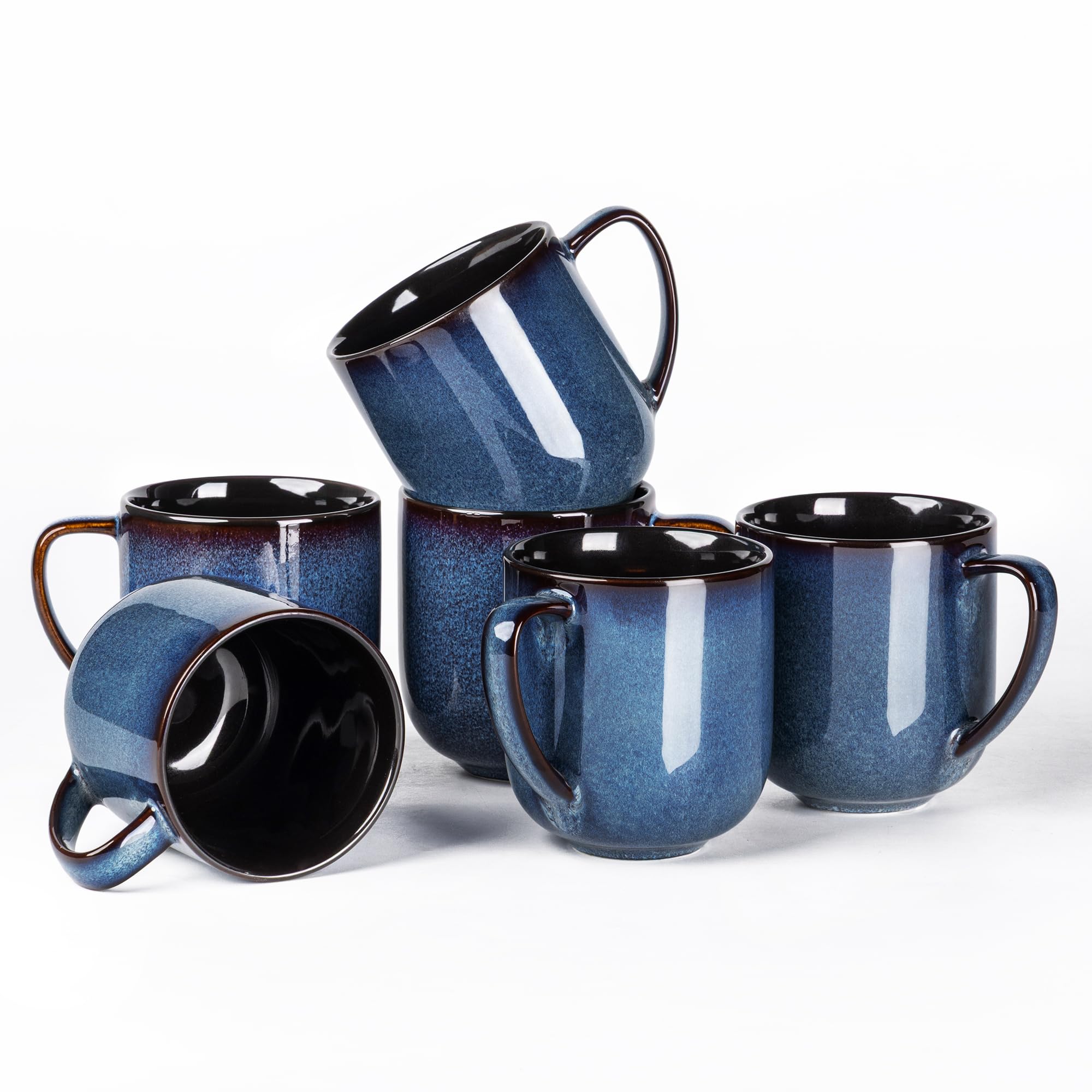 Aoibox  12 oz Blue Ceramic Coffee Mugs with Large Ergonomic Handle and Reactive Glaze Finish Set of 6