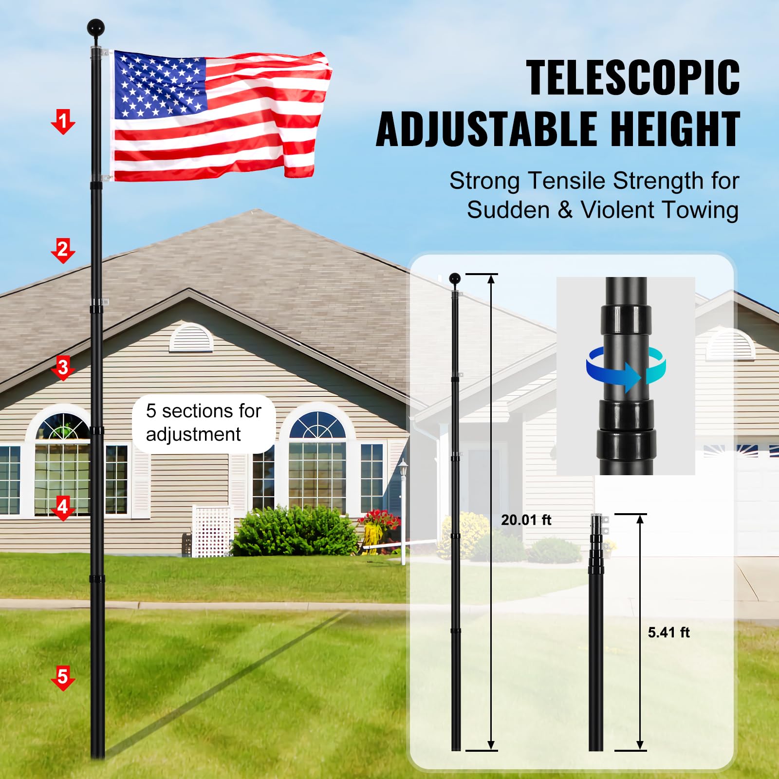 Wudkey Black 20FT Telescoping Flag Pole Kit with 3x5 Flag Heavy Duty ...