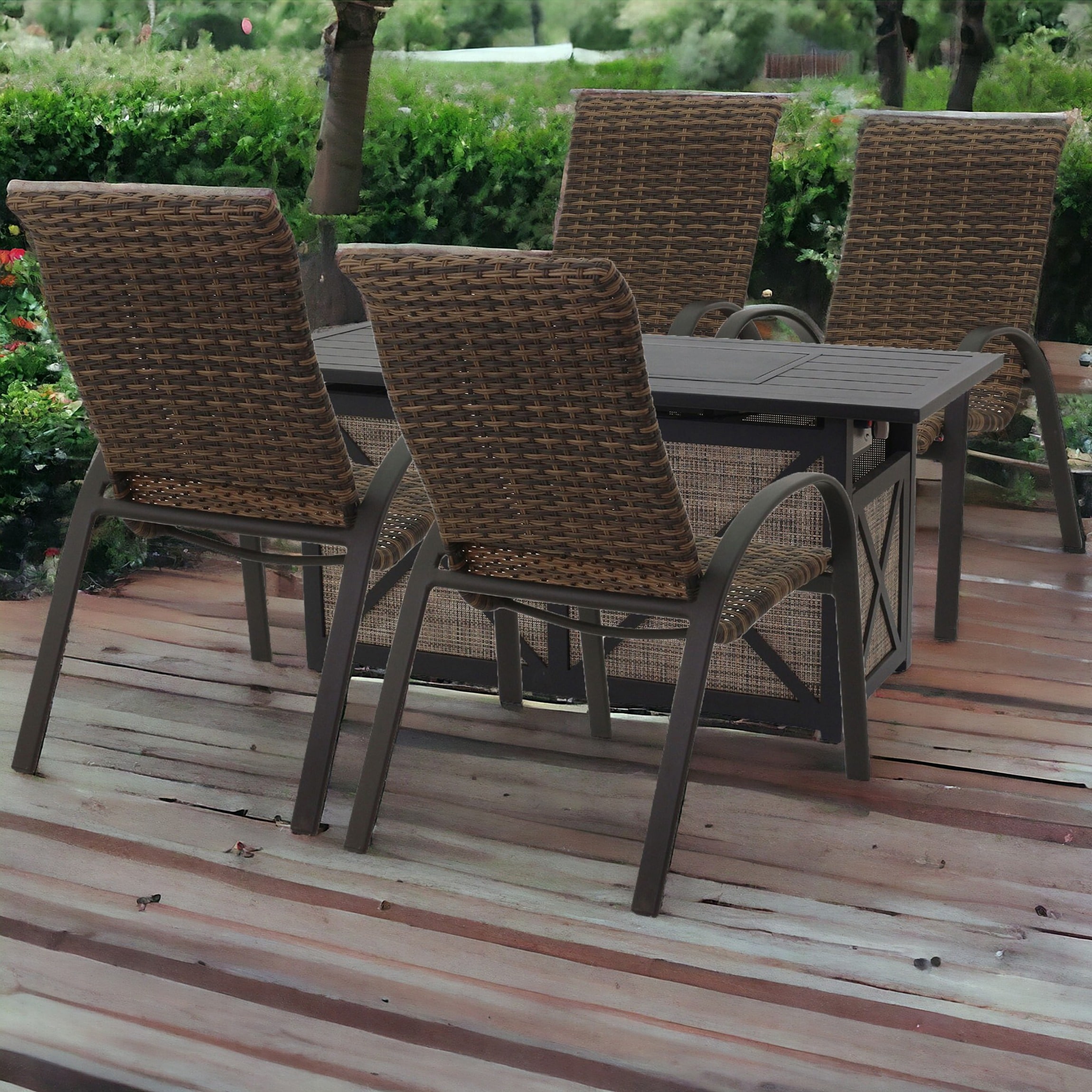 Courtyard Casual 5691 Santa Fe - Java 5 -Piece Java Brown Wicker Patio Dining Set Aluminum Rectangle Table with 4 Stackable Stationary Chairs Fire Pit Included