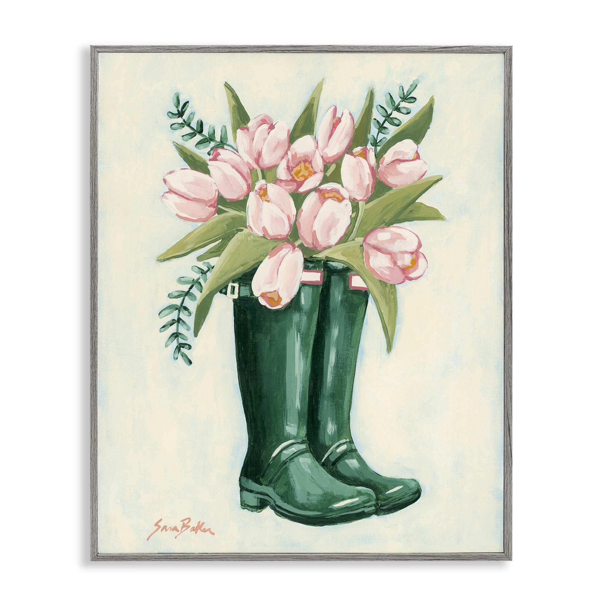 Stupell Industries BS-665-GFF-11X14 Tulips in Rain Boots Gray Framed Giclee Art By Sara Baker 11 x 14