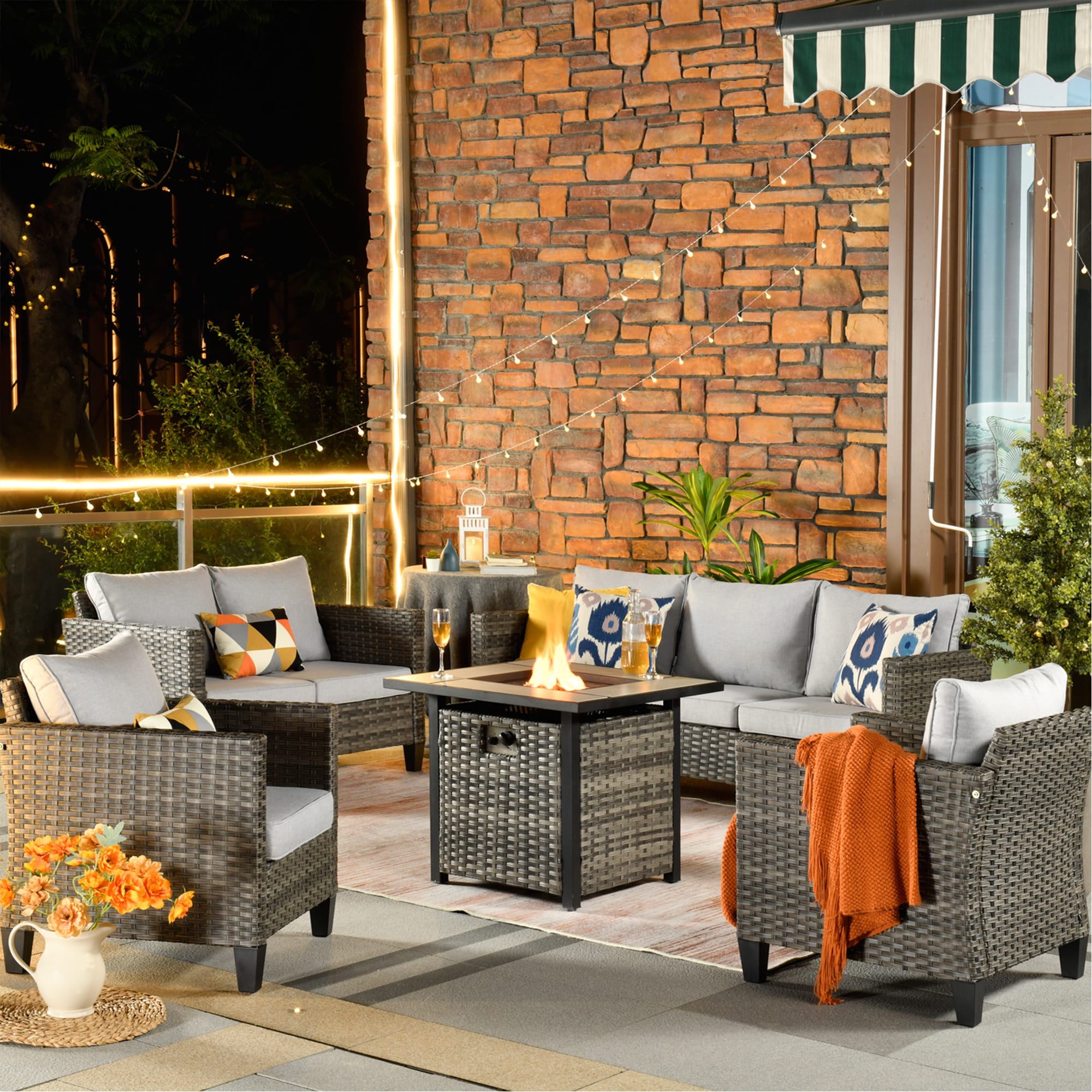 Ovios FPLRS405 5 -Piece Wicker Patio Sofa Conversation Set with Gray Cushions