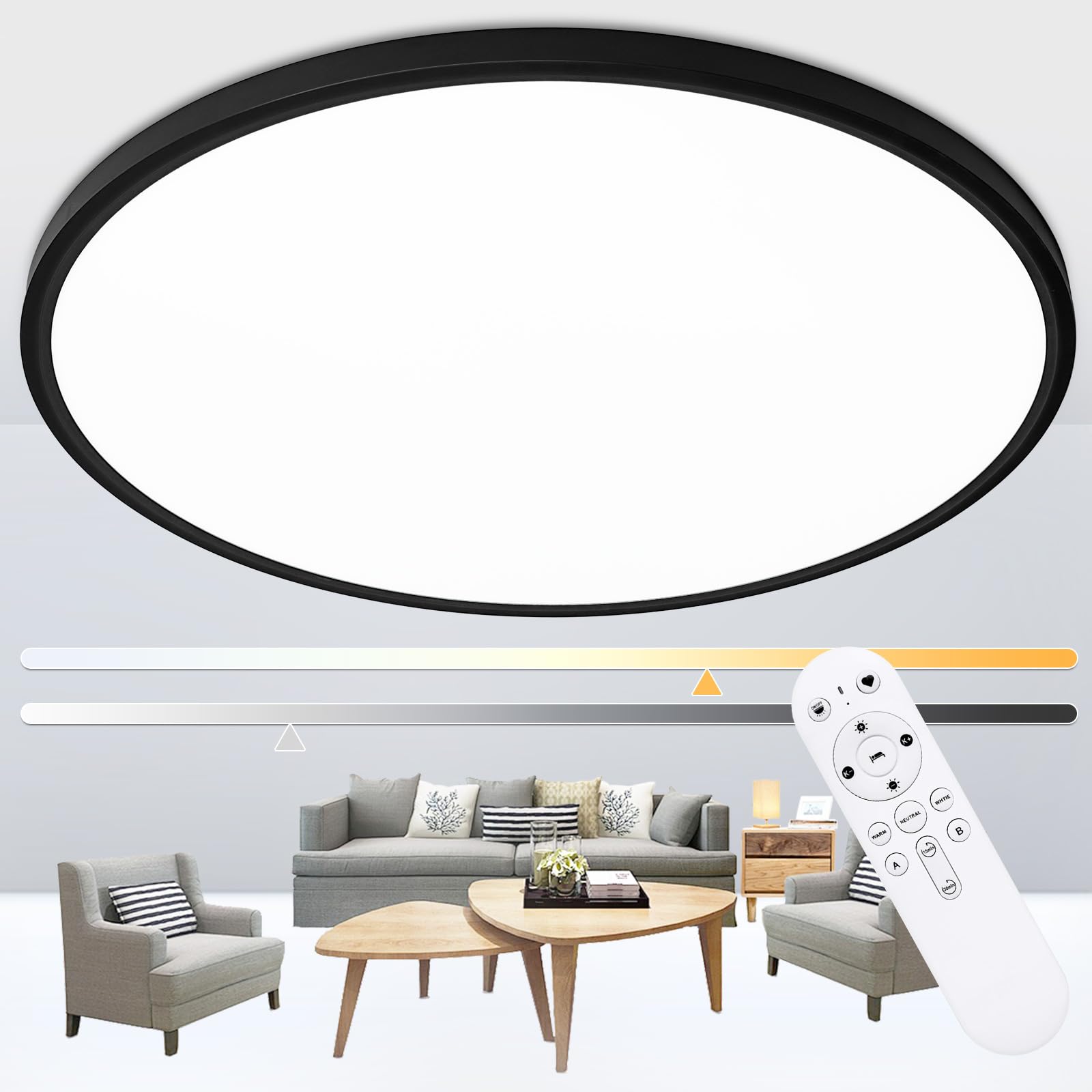 IUEST  24 Inch Flush Mount Ceiling Light Fixture Dimmable with Remote Control 56W 5600 Lumen Modern Round Black for Kitchen Dining Room Bedroom