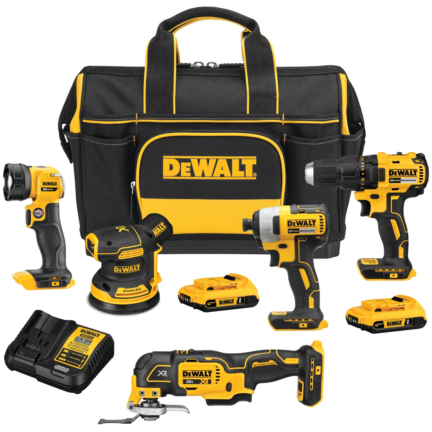 DEWALT 5-Tool 20-Volt Max Brushless Power Tool Combo Kit with Soft Case  (2-Batteries and charger Included) in the Power Tool Combo Kits department  at