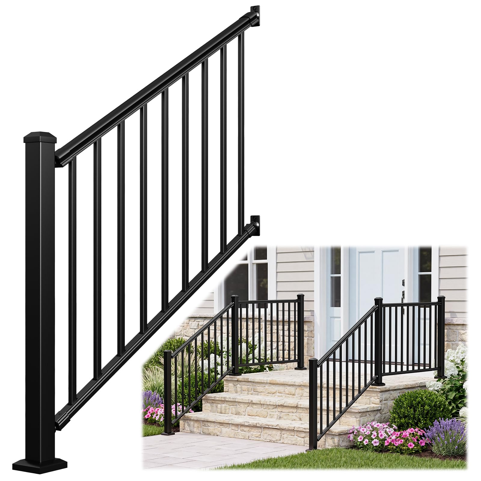 Misopily  36 in H by 4 ft W Aluminum Porch and Deck Railing Kit Black Textured Powder Coat Finish for Concrete Steps or Wooden Stairs