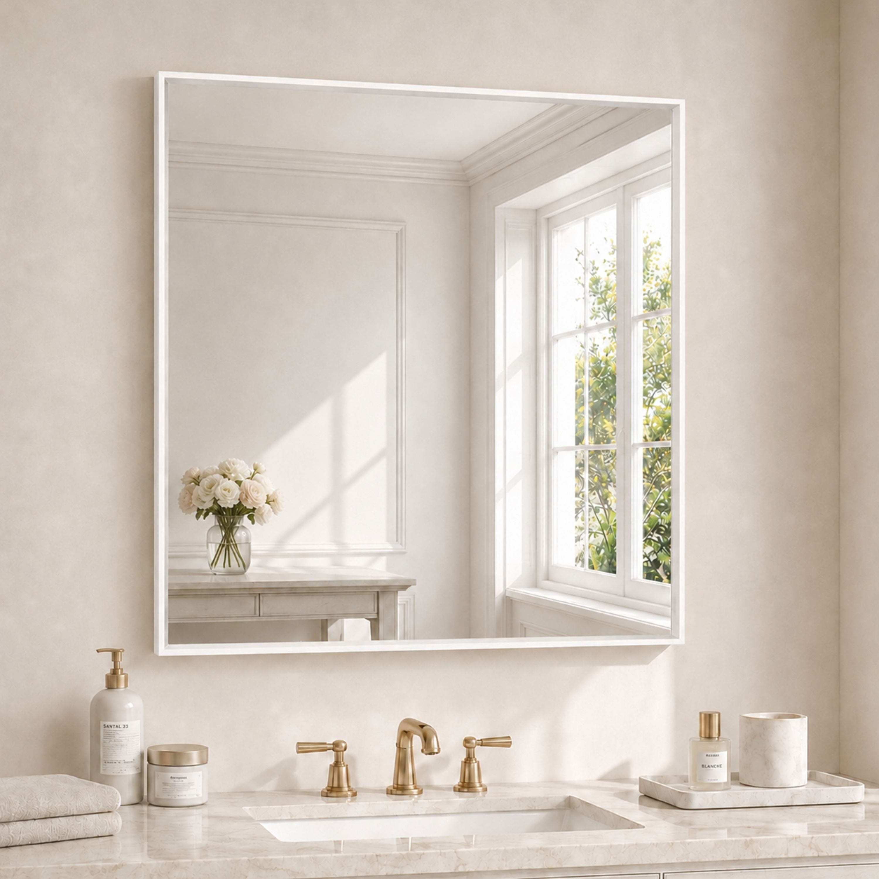 Velusian 36 in. W x 36 in. H Square Aluminum Alloy Framed and Tempered Glass Wall Bathroom Vanity Mirror in Matte White