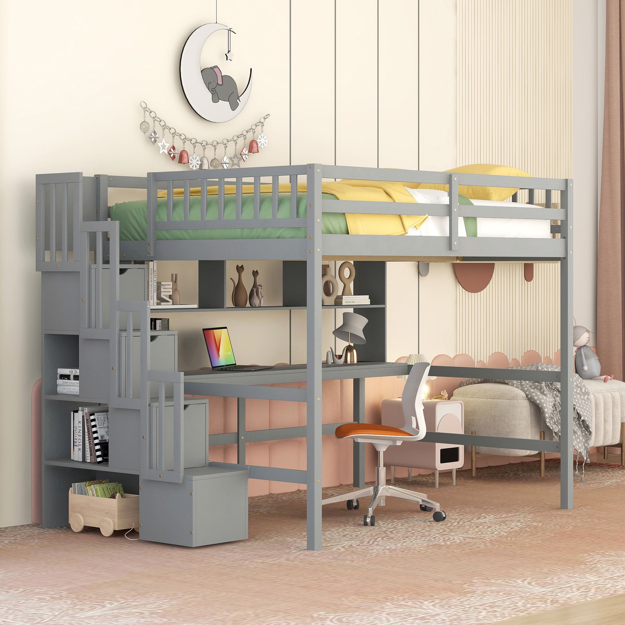 LOVMOR Twin Size Floor Bed with Fence without Door Rubber Wood Floor Bed with Safety Guardrails Natural