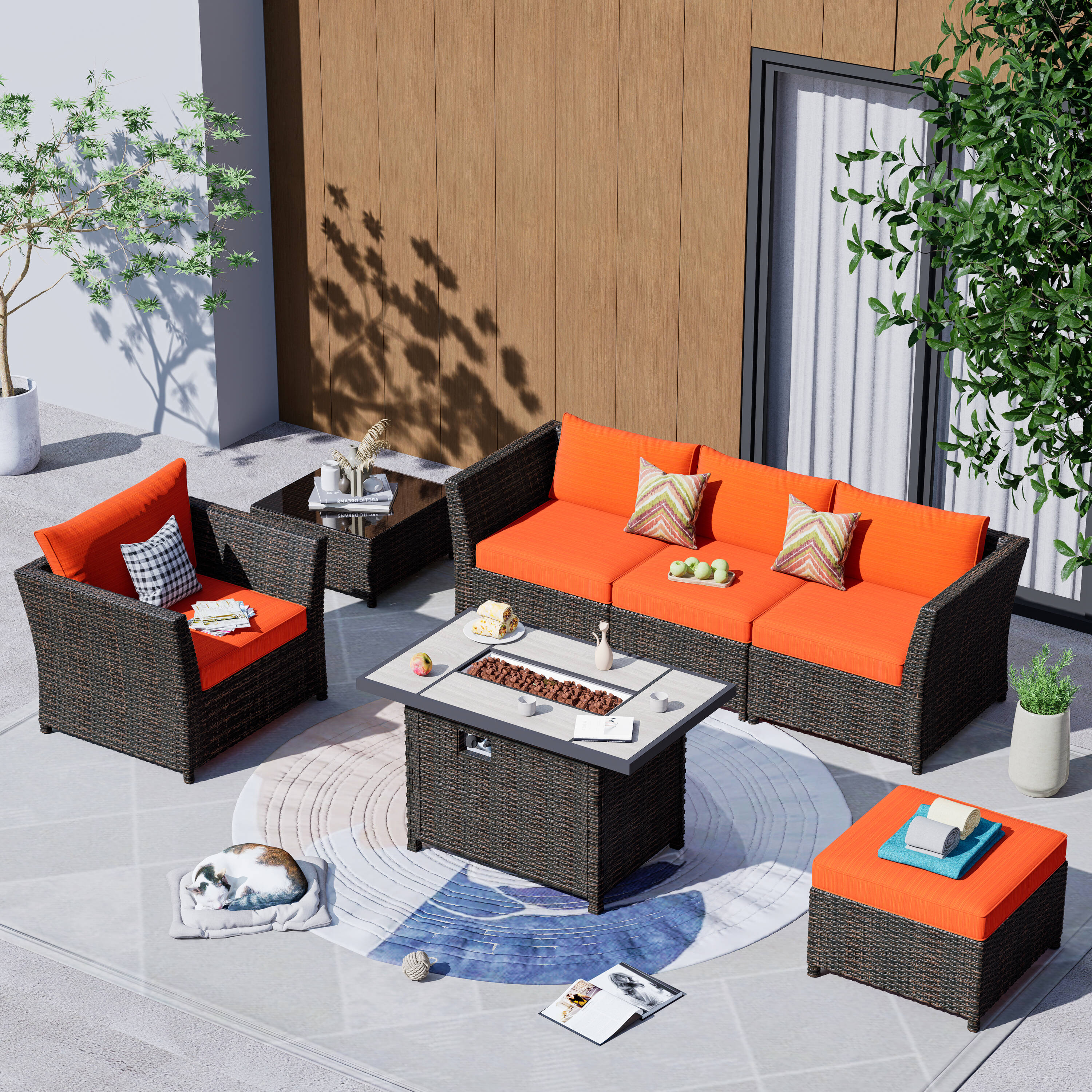 Pouuin SRFPRSA805 Rattan Outdoor Sectional with Orange Cushions and Rattan Frame