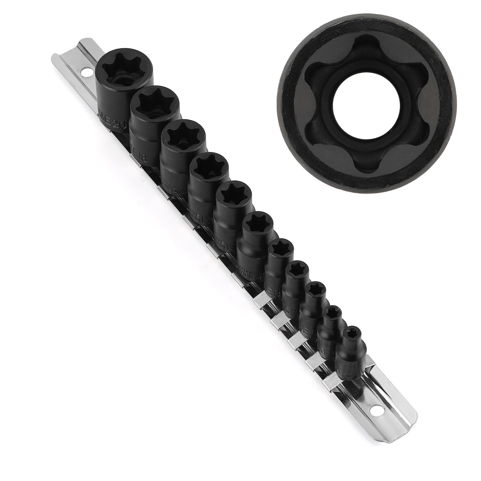 Aoibox  11 Piece External Torx Socket Set Sizes E4 E20 Chrome Vanadium Steel Black Phosphate Finish with Socket Rail