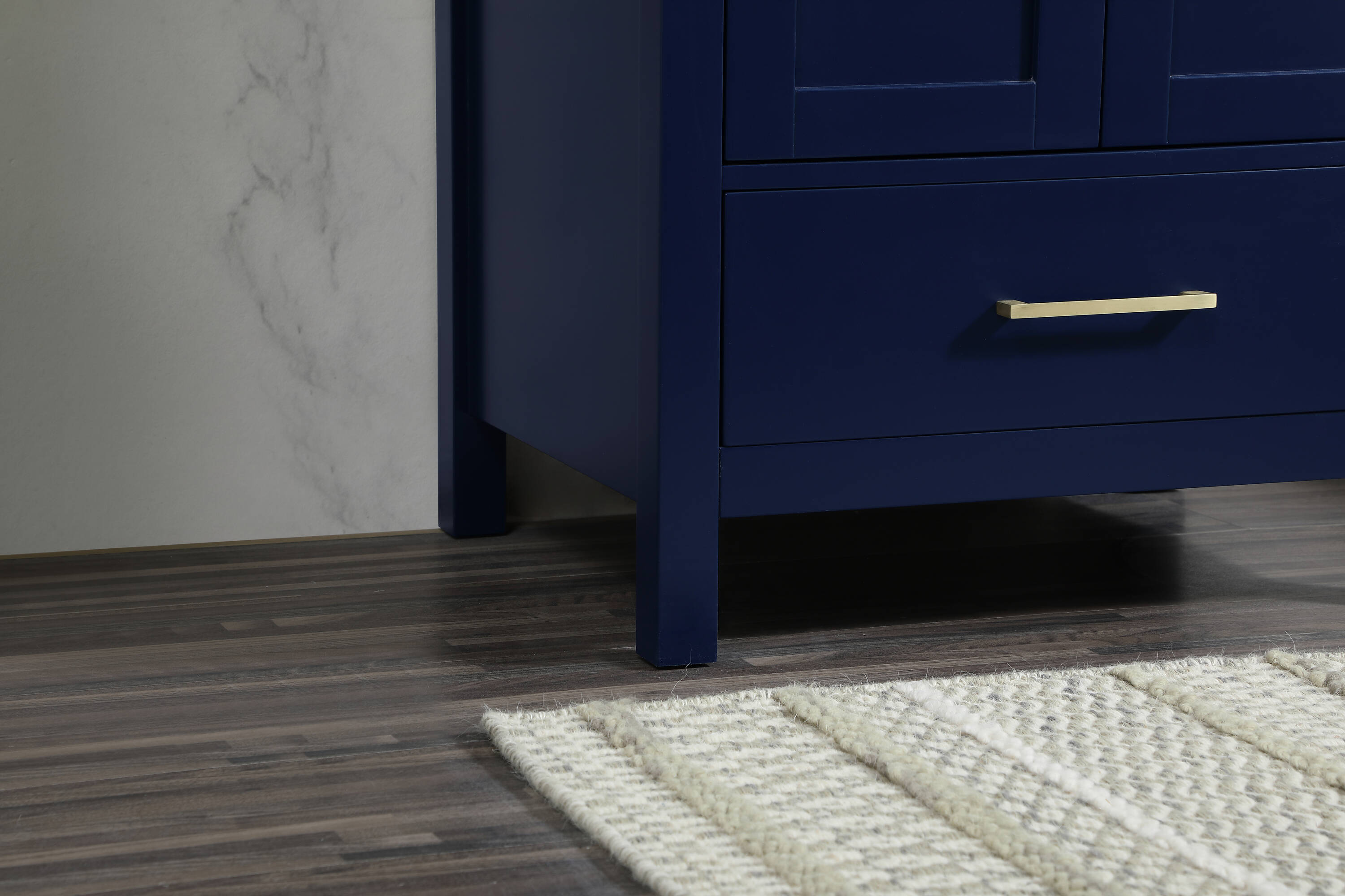 Blue MDF Single Bathroom Vanity with Gold Pulls and Quartz Top