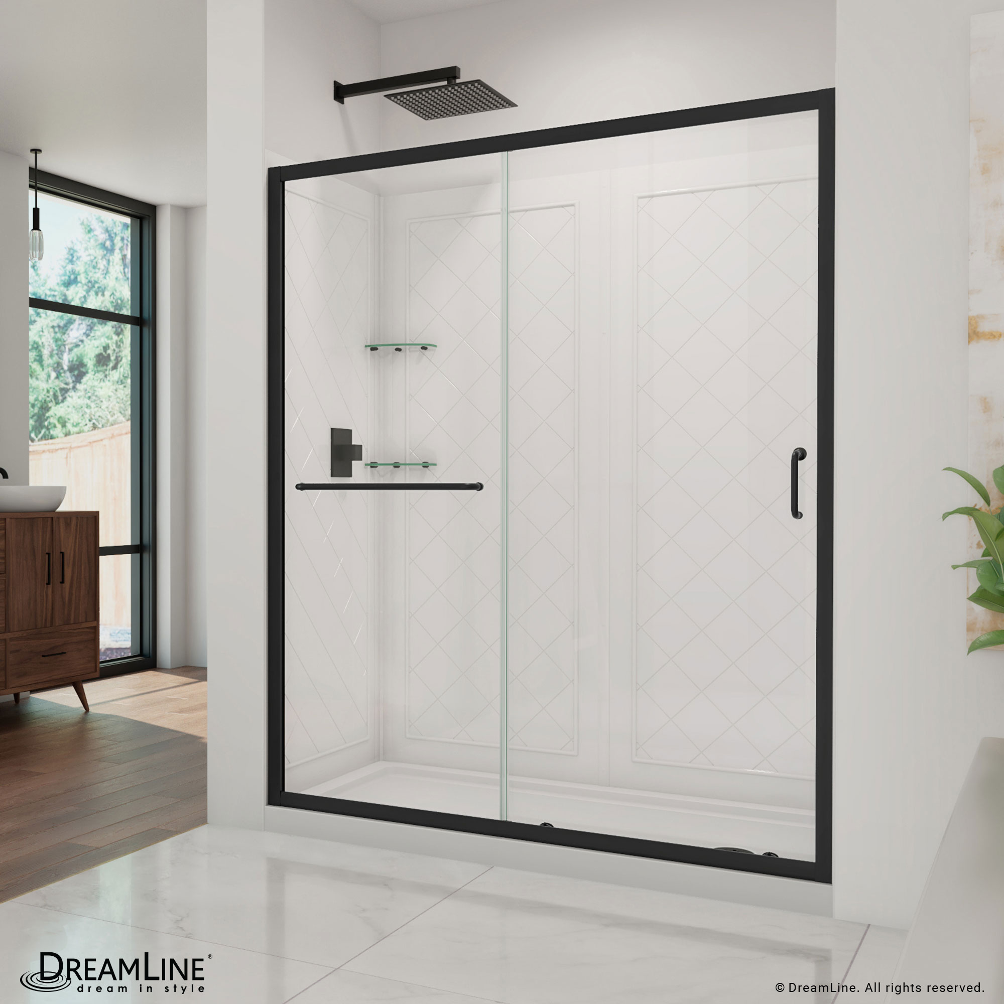 DreamLine DL-6116-CLR-09 Infinity-Z 3 -Piece 60-in W x 30-in L x 77-in H Rectangular Alcove shower kit ( Right Drain) Base, Wall, Door Black Hardware Included
