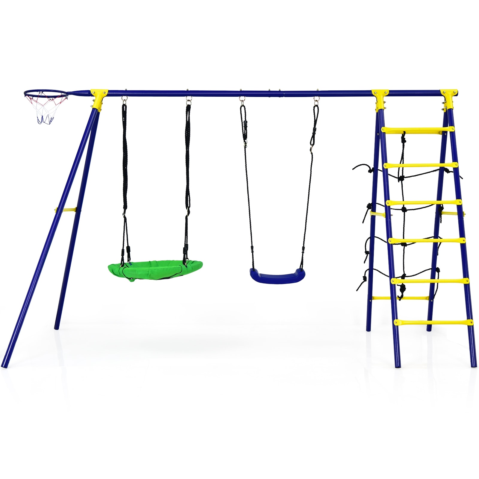Slickblue D-CO-84201PN 5-in-1 Kids Swing Set with 2 Swings Climbing Ladder Net and Basketball Hoop for Backyard Play