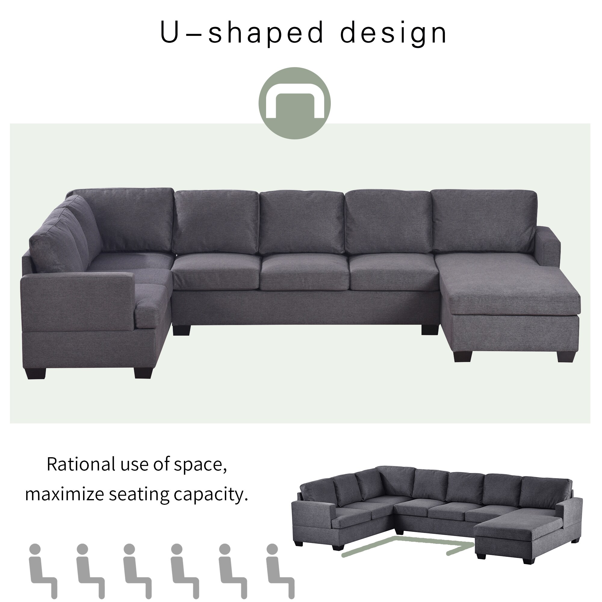 Clihome Sectional U-Shape Sofa Bed 125.6-in Modern Gray Polyester/Blend ...
