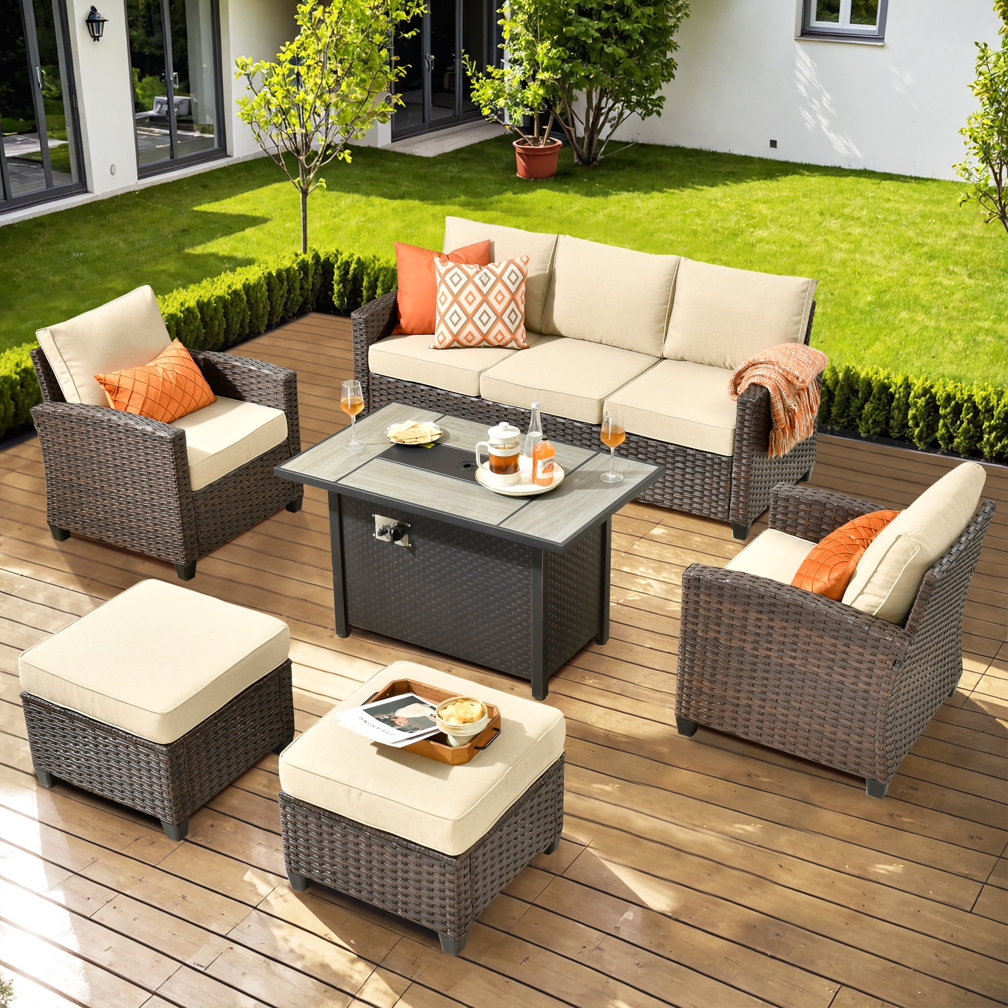 Ovios RFPPR600 6 -Piece Wicker Patio Sofa Conversation Set with Beige Cushions