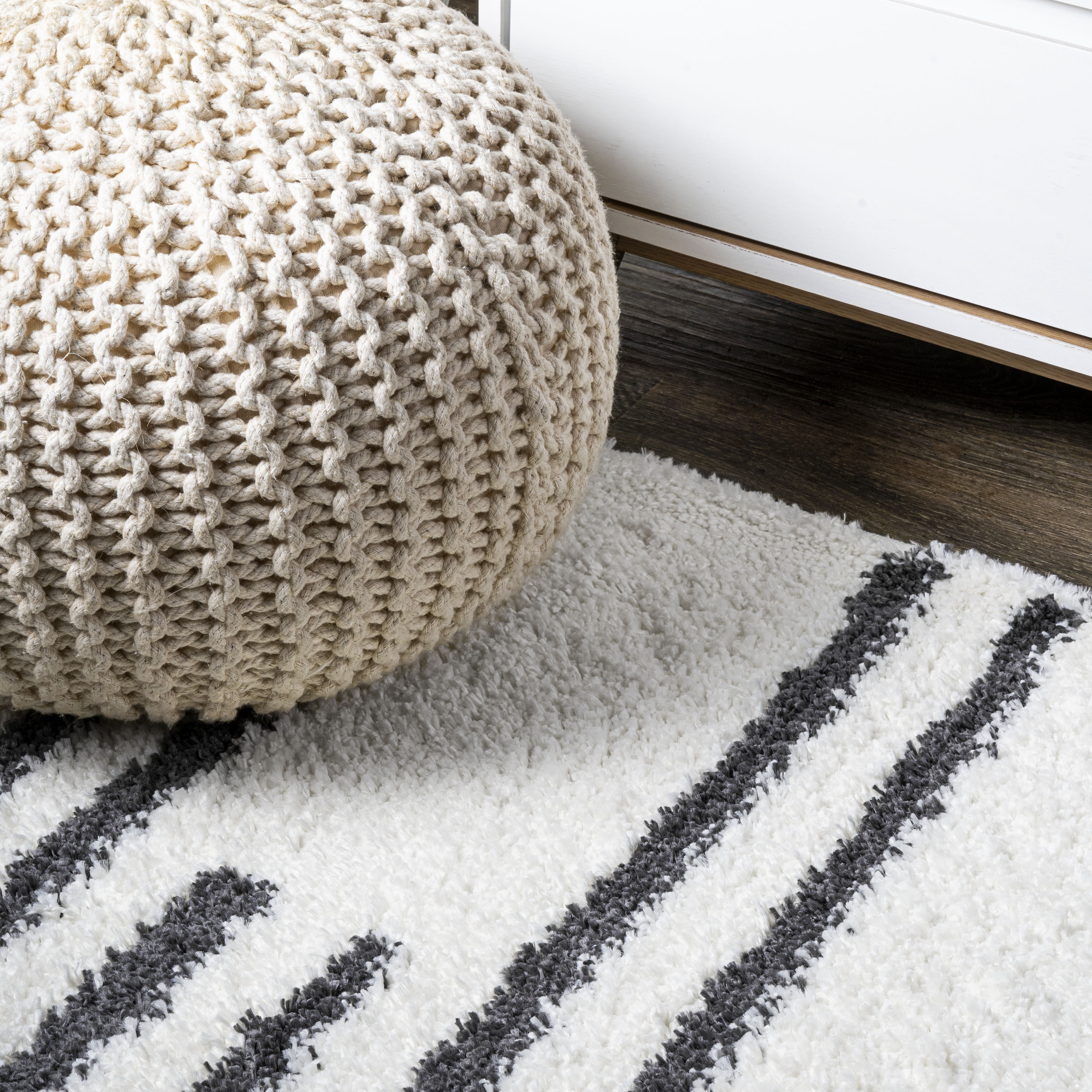 Ivory and Gray Striped Shag Area Rug 3 x 5