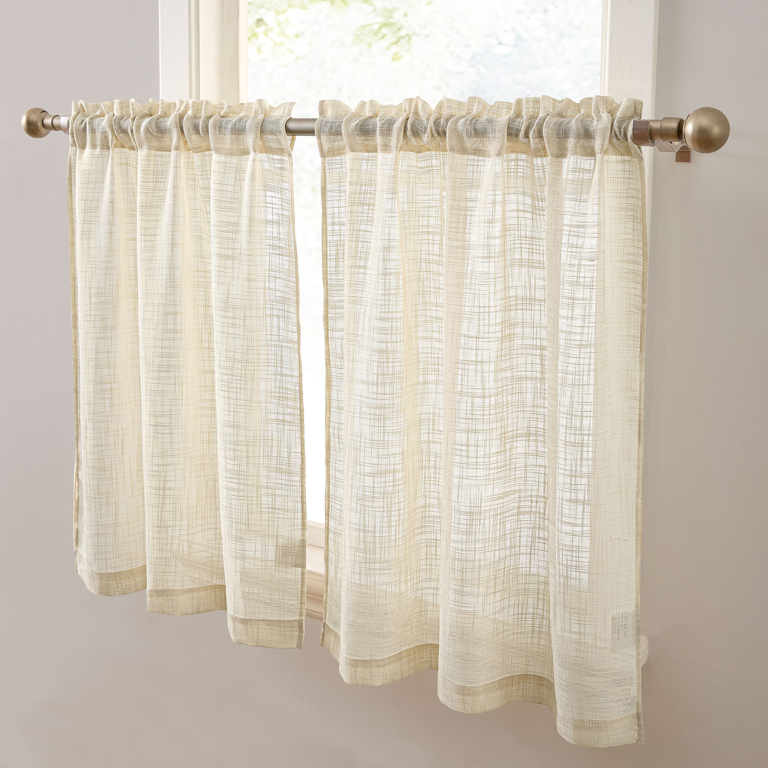 HLC.me ABY-RODP-TRS-BEIG36 Linda Faux Linen Textured Semi Sheer Rod Pocket Cafe Curtain Tiers - Set Of 2