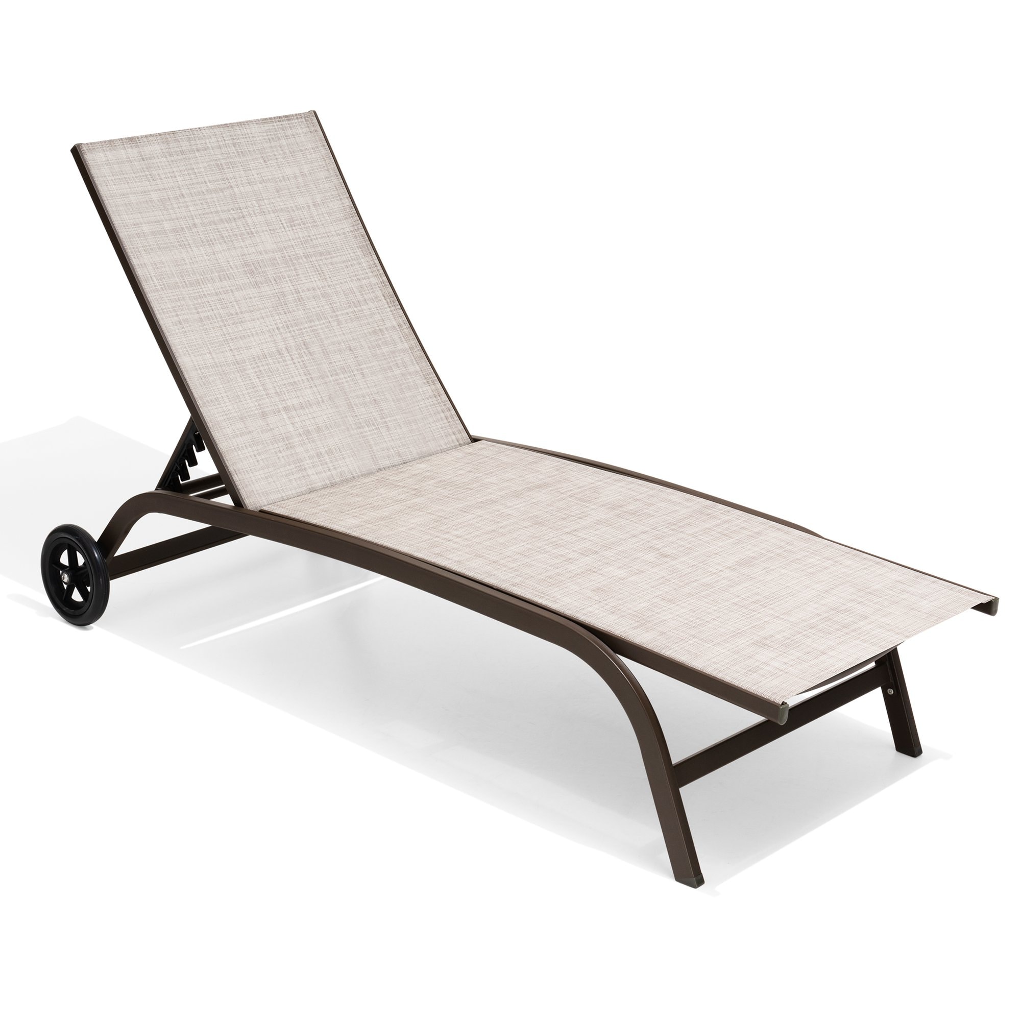 Crestlive Products CL-LG011BEI-1 Aluminum Chaise Lounge Chair with Wheels (1PC Beige) Brown Metal Frame Stationary Chaise Lounge Chair with Off-white Mesh Seat
