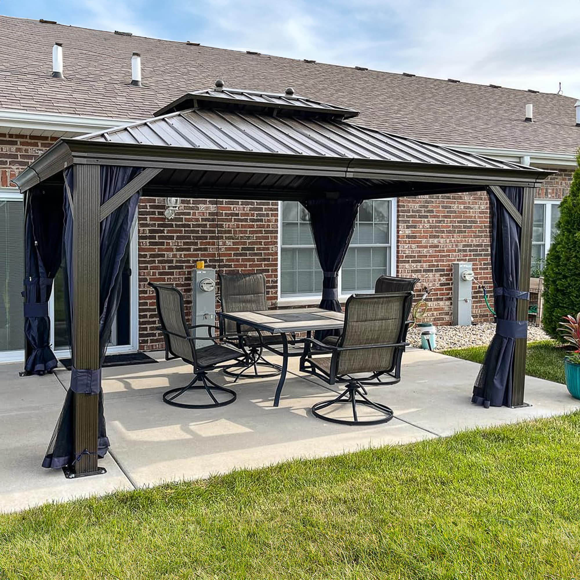 PURPLE LEAF LSMHS1014NB 14-ft x 10-ft Hardtop Gazebo Navy Blue Gazebo with Hardtop Roof (Screen Included)