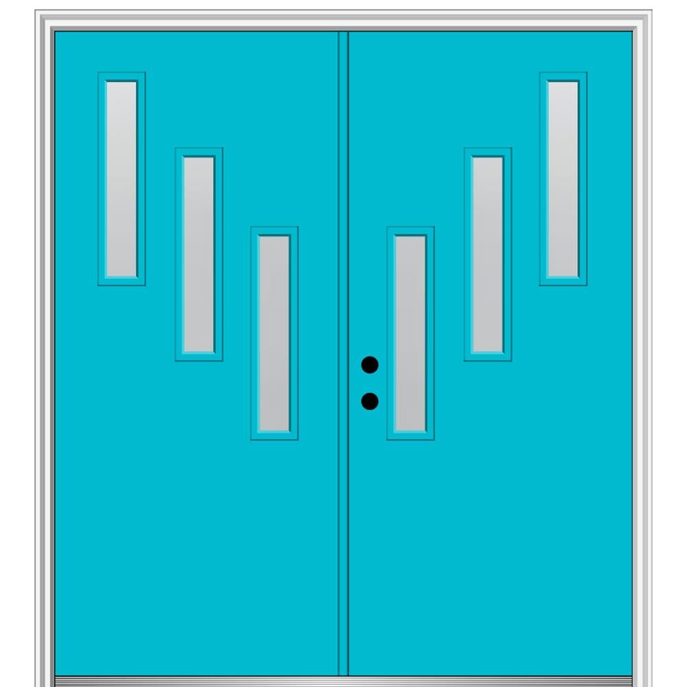 MMI DOOR ZZ347904R Spotlights 64-in x 80-in x 4-9/16-in Fiberglass Pulse lite Right-hand inswing Bahama Blue Painted Prehung Double Front Door with Brickmould Insulating core