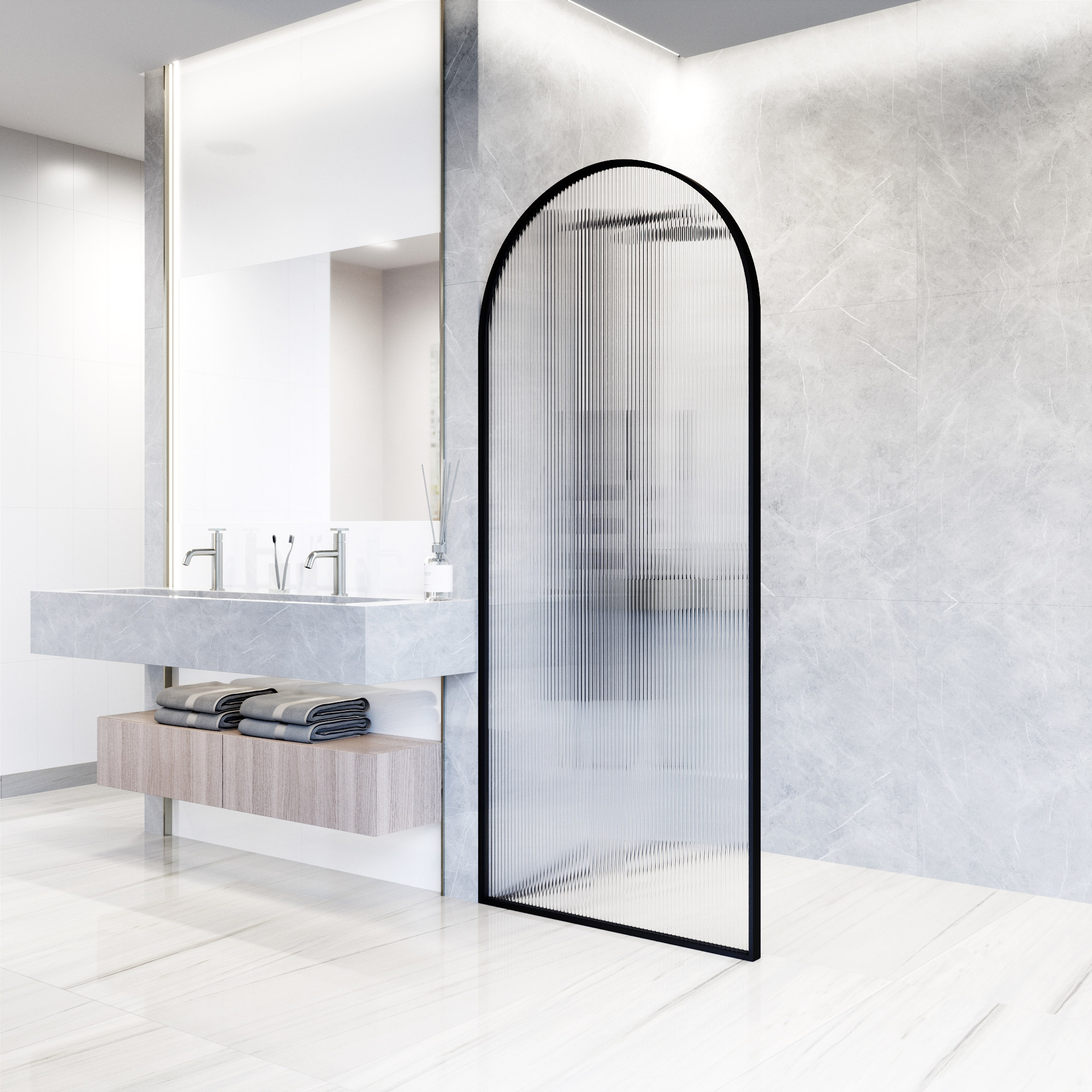 Arden 34" Matte Black Fluted Glass Shower Screen