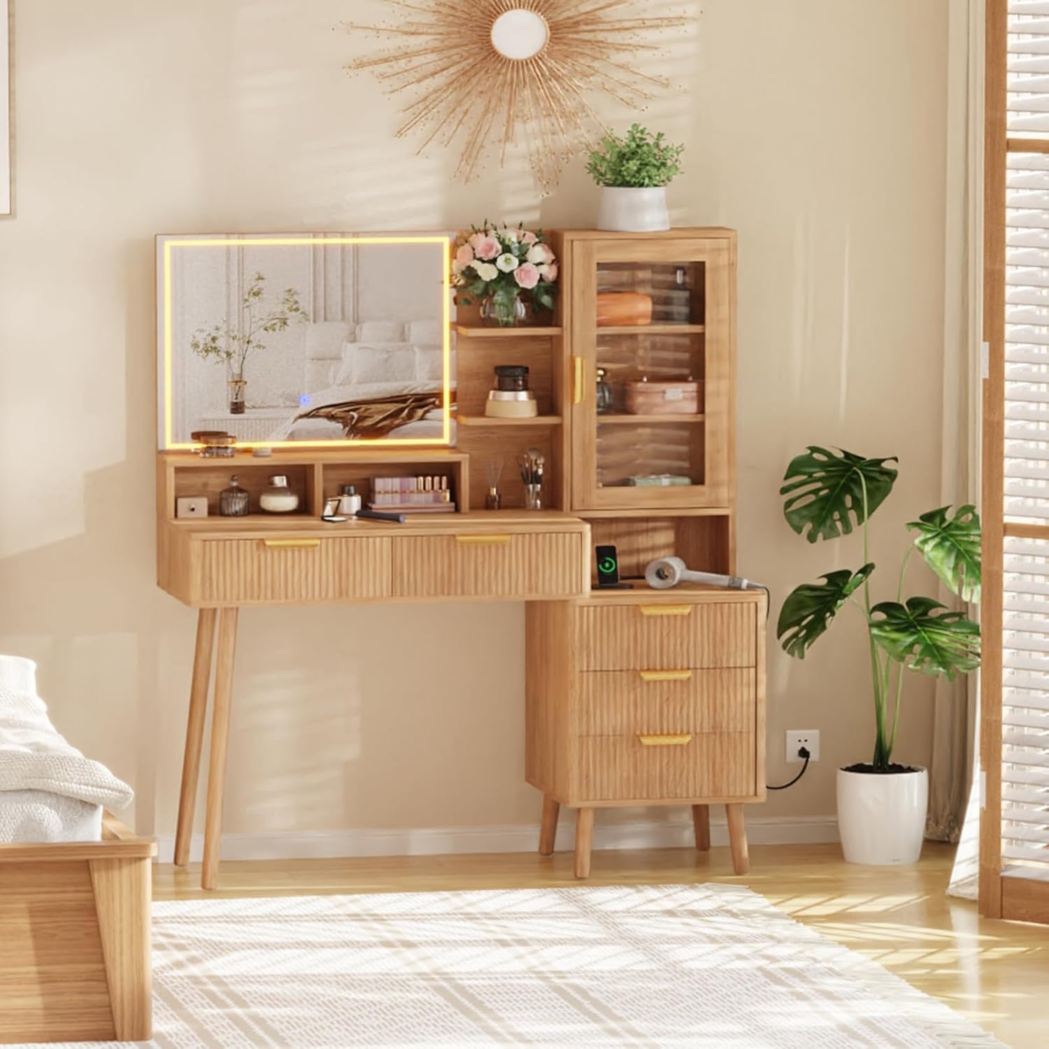 Qeetex LHF-SZT-PHO-16HH9R3K Makeup Vanity Desk With HD Lighted Mirror and Power Outlet - Modern Glass Top Elegant Fluted Vanity Desk With Acrylic Protective Door - 5 Drawers and Storage Shelf - Dressing Table for Bedroom Women Girls - Black