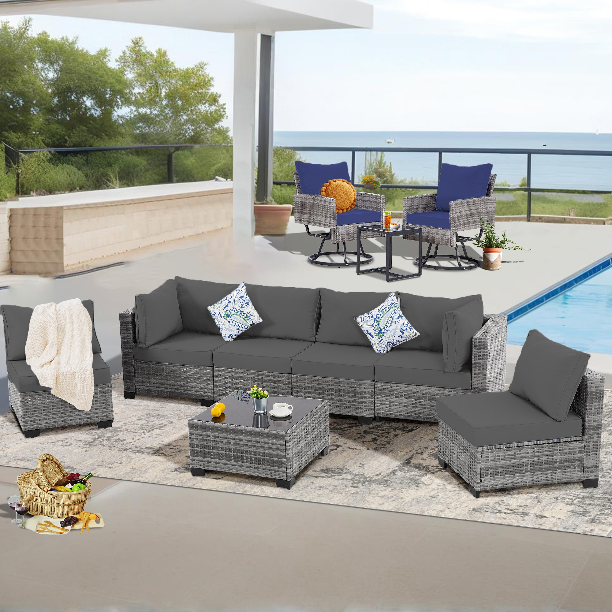 EarlGrove LS-MZBB5001GYBL 10 -Piece Wicker Patio Conversation Set with Gray Cushions