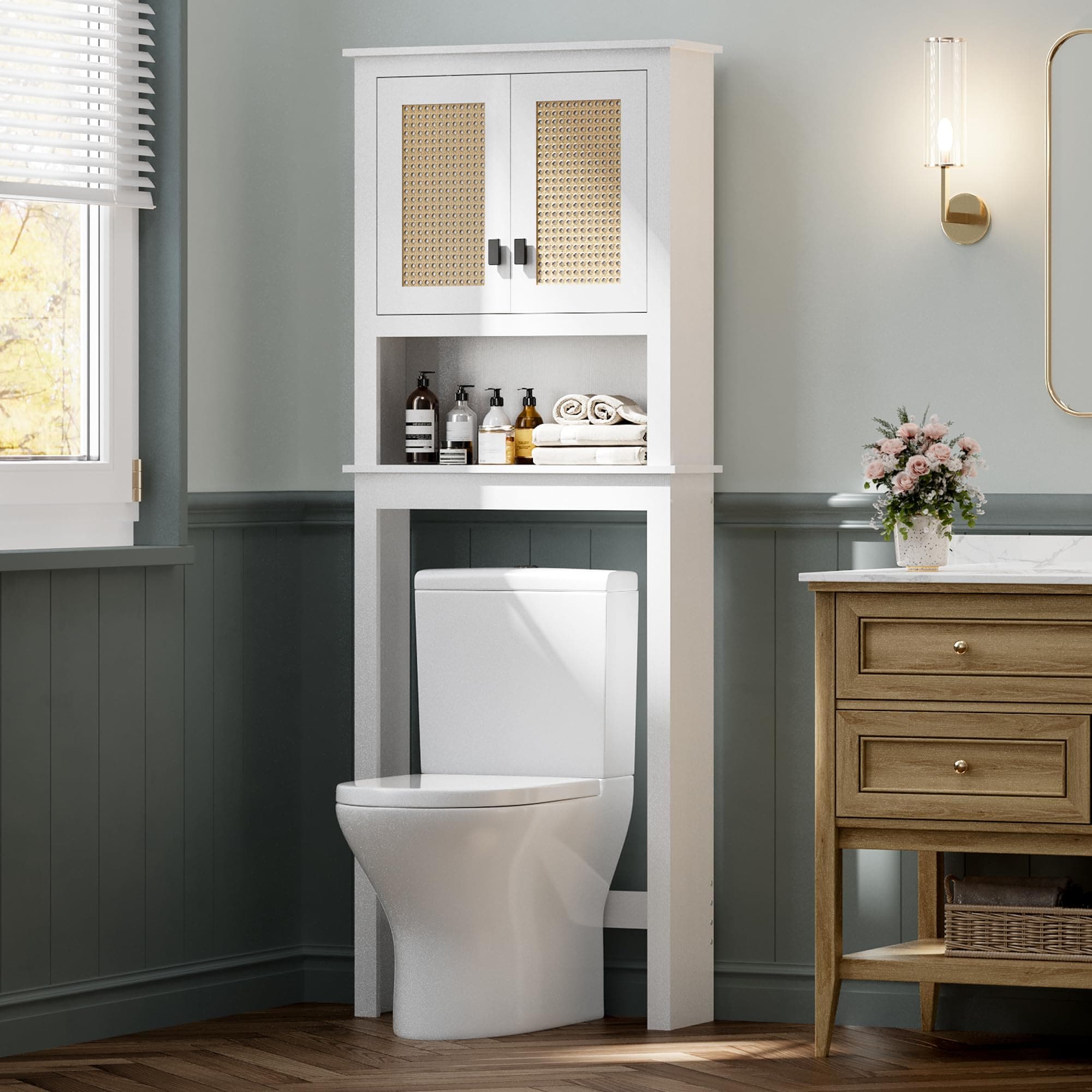 Aoile Over the Toilet Storage Cabinet with Rattan Door and Adjustable Shelf Bathroom Space Saver Wood