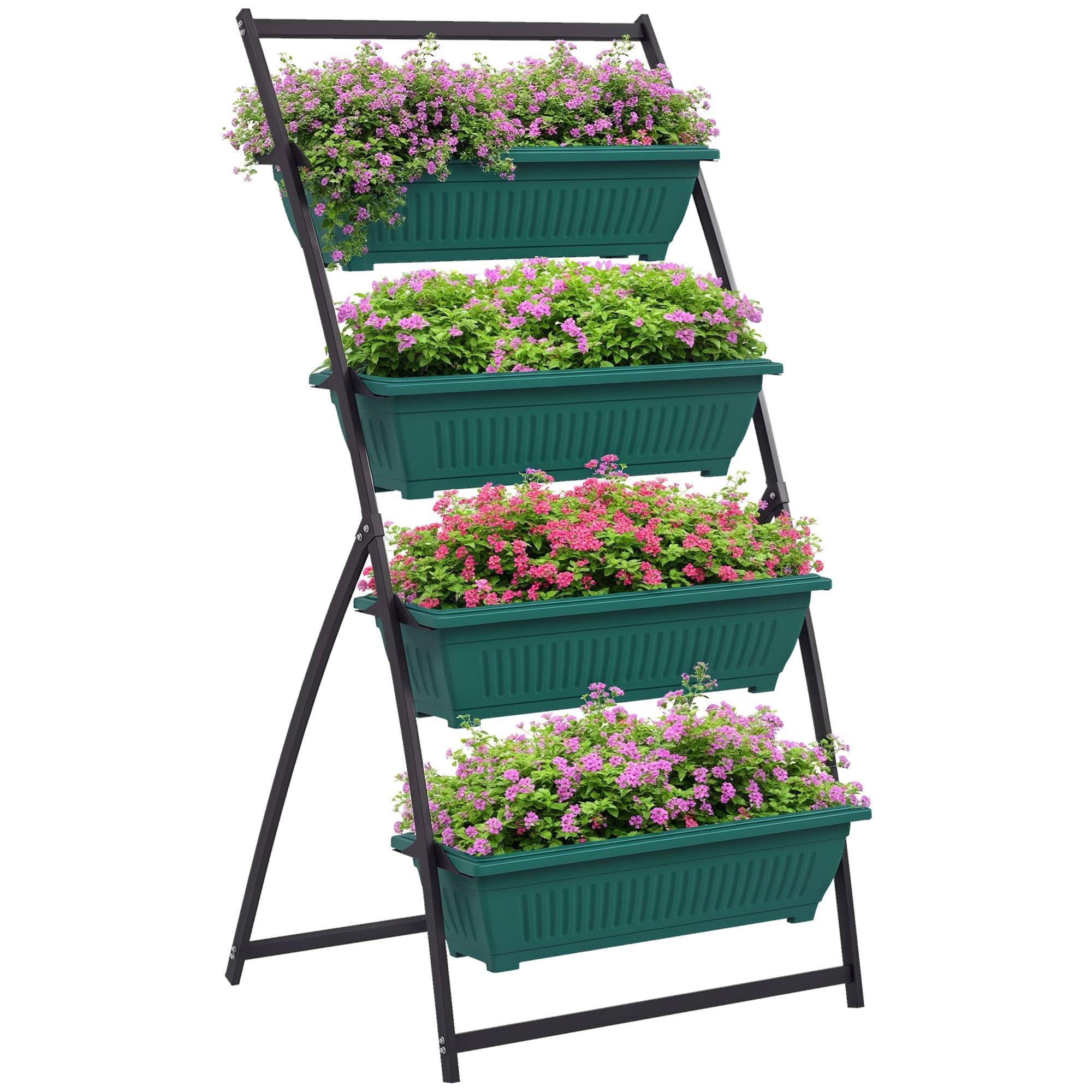 Outsunny 84H-050V00GN Raised Garden Bed with 4 Planter Boxes Self Draining Plant Stand Grow Container for Vegetable Flowers Herb Green
