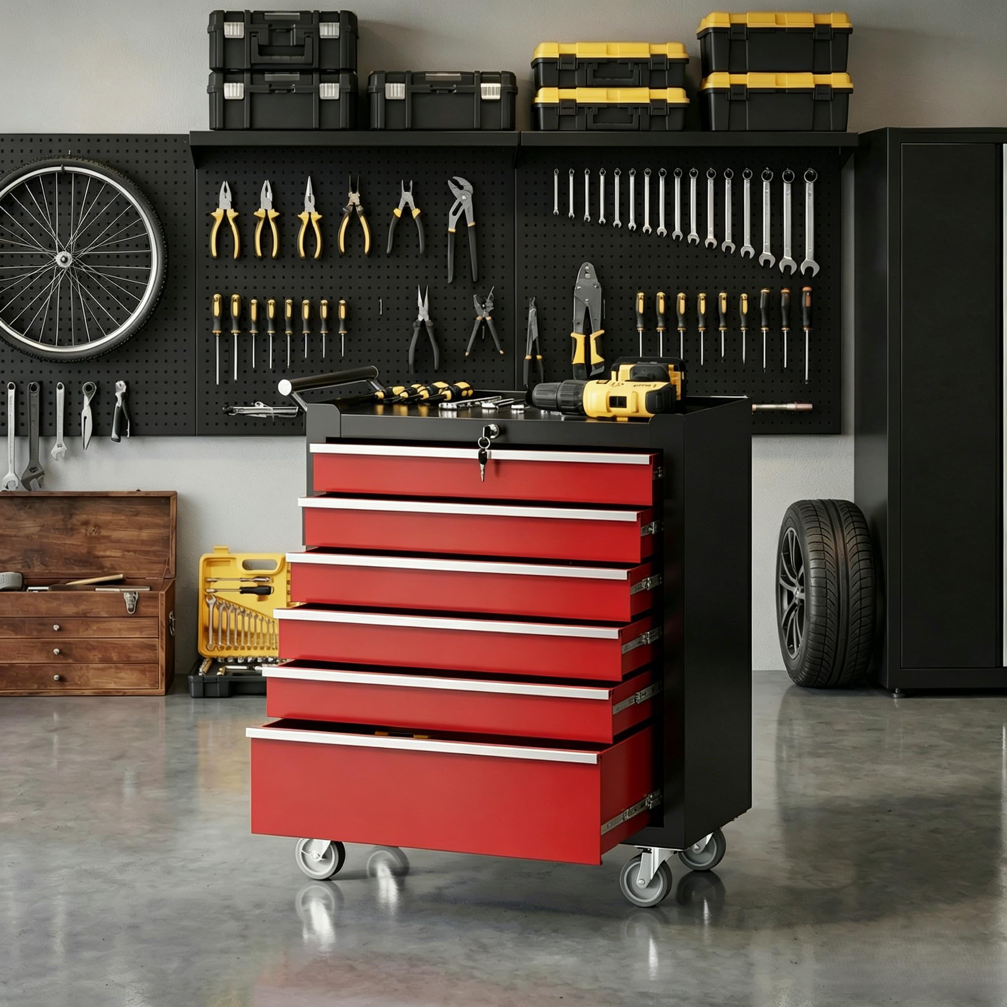 IdealHouse Heavy Duty Rolling Tool Chest with 6 Ball Bearing Drawers Lockable Steel Storage Cabinet on Wheels Drawer Liners Secure Locking System Toolbox Organizer for Garage or Workshop Red and Black #CEI5R9T4ZCD0DHA