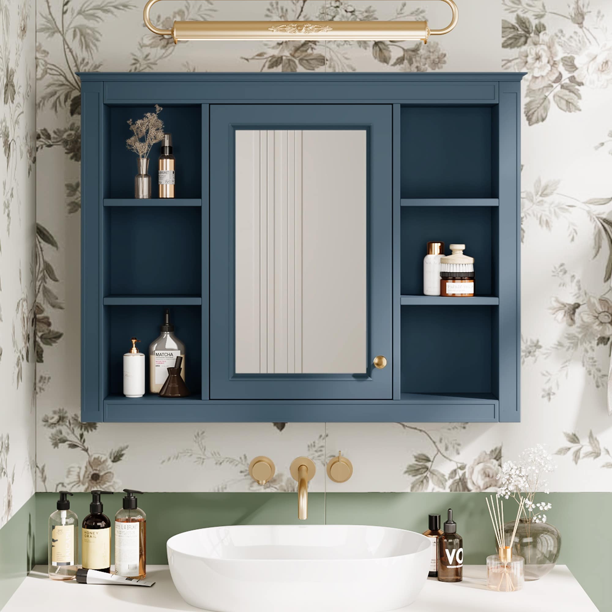 HyperDrop Cart 35 x 28 MDF Medicine Cabinet Wall Mounted Bathroom Storage Cabinet with Mirror and 6 Open Shelves
