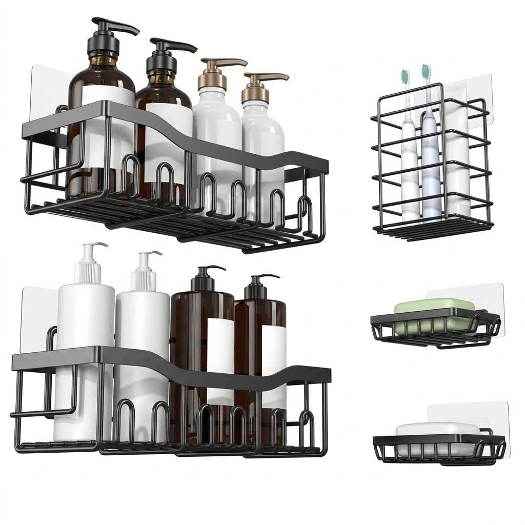 Misopily Adhesive Shower Caddy 5 Pack Stainless Steel Bathroom Organizer Set Includes 2 Shelves 2 Soap Holders and Toothbrush Holder No Drilling #L05MS07091